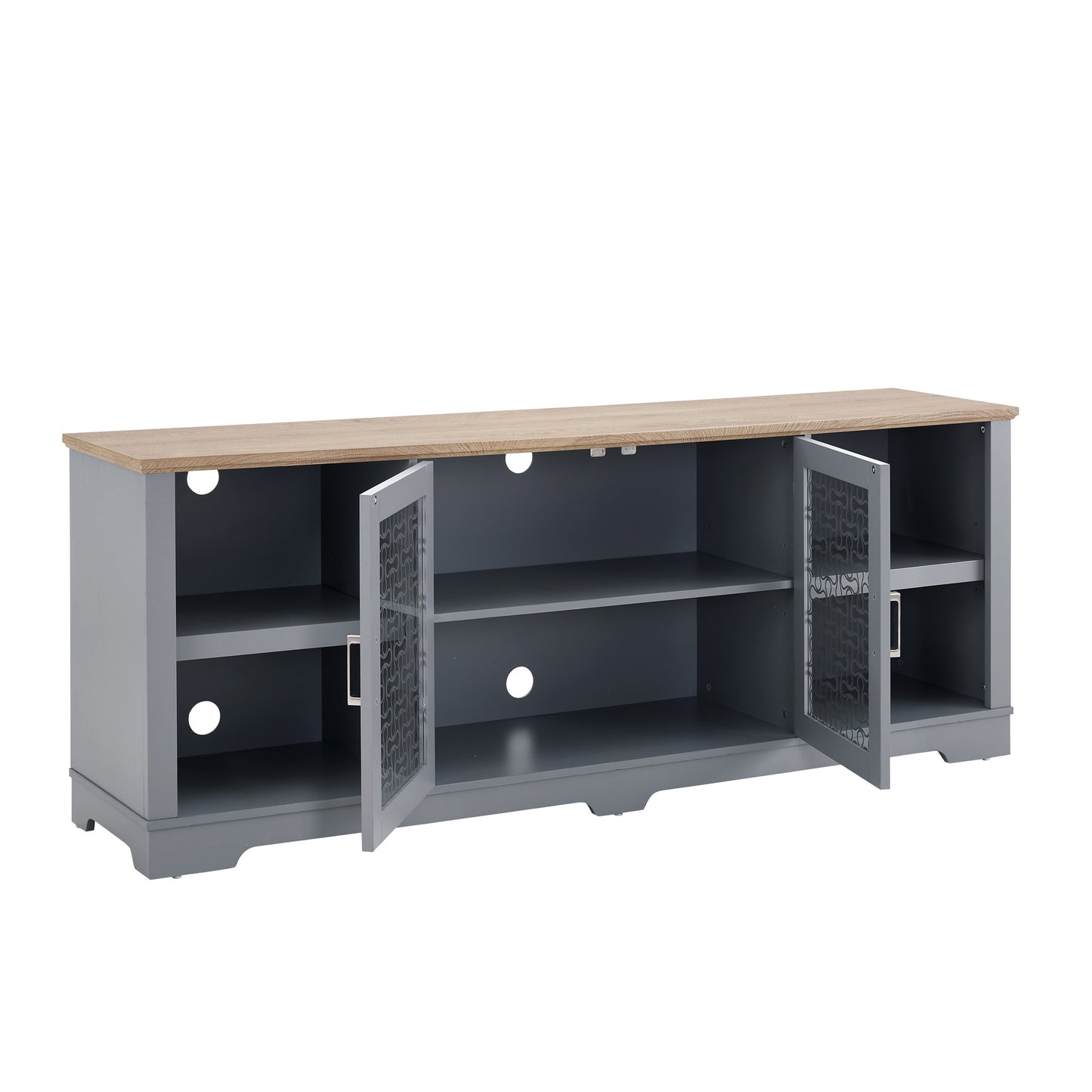 Modern Farmhouse TV Media Stand, Large Home Entertainment Console, for TV Up to 80'', with Open Shelves and Glass Door Cabinets, Light Blue and Light Oak, 70'W*15.55'D*26.85'H