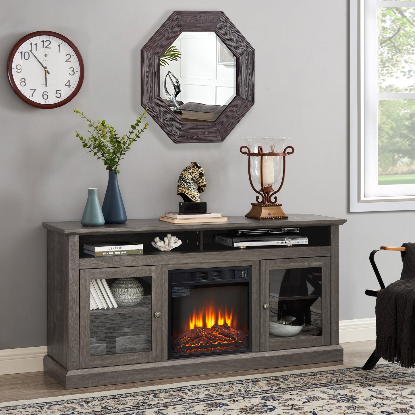 Retro TV Stand for 65'' TV, TV Console Cabinet with Storage, Open Shelves Entertainment Center with 18' Fireplace Insert for Living Room Dark Walnut 60'W*15.75'D*29'H