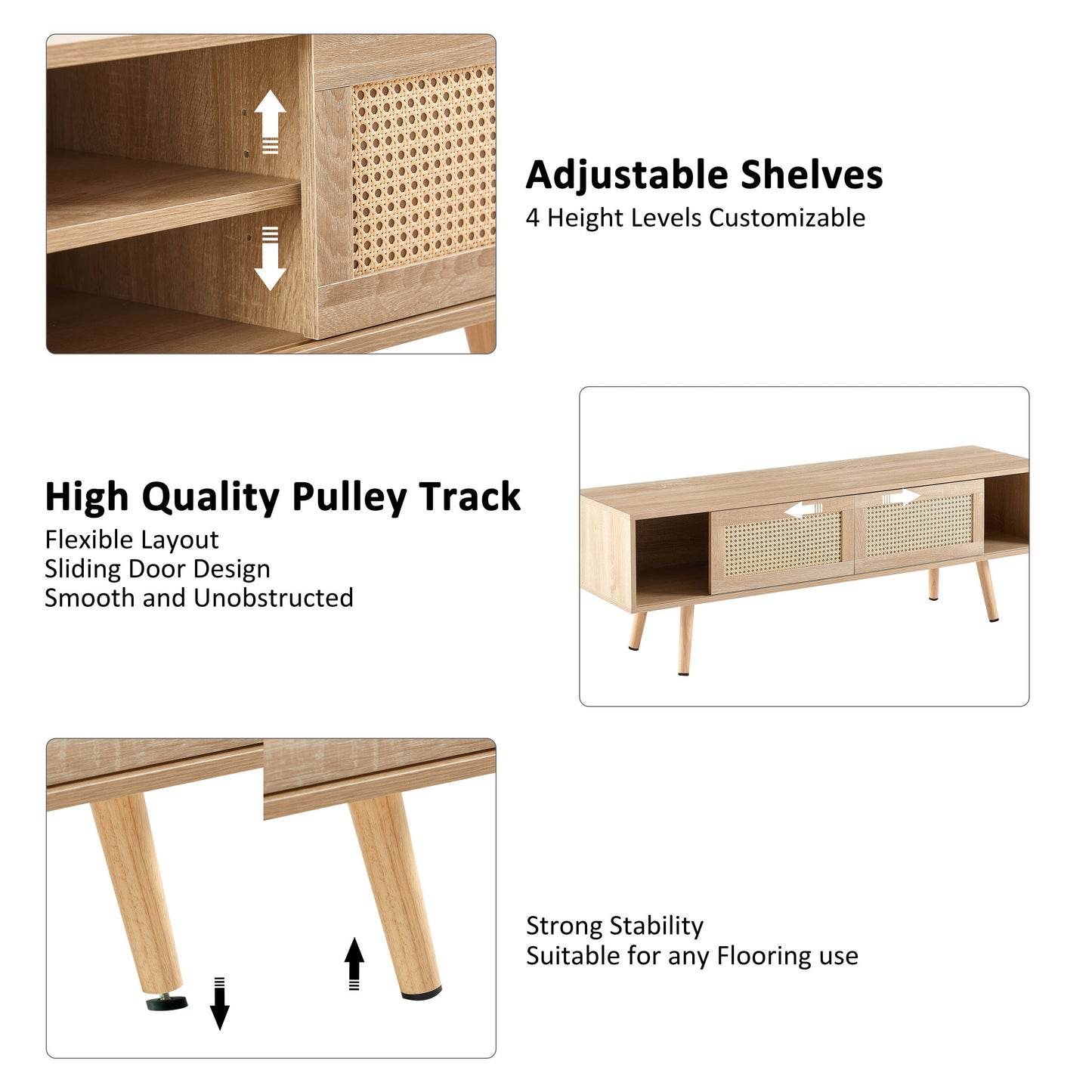 Natural Rattan TV Cabinet with Double Sliding Doors, Adjustable Shelf, Solid Wood Legs, 55.12 Inches