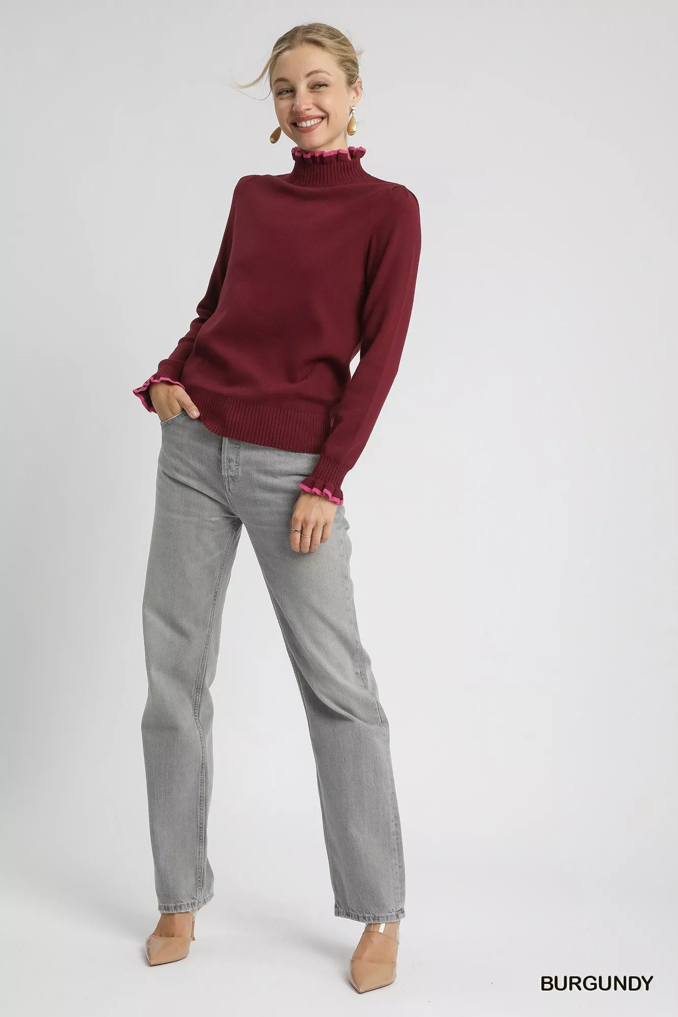 Umgee Ribbed Round Neck Sweater with Ruffle Contrast Trim - Lee's Retail