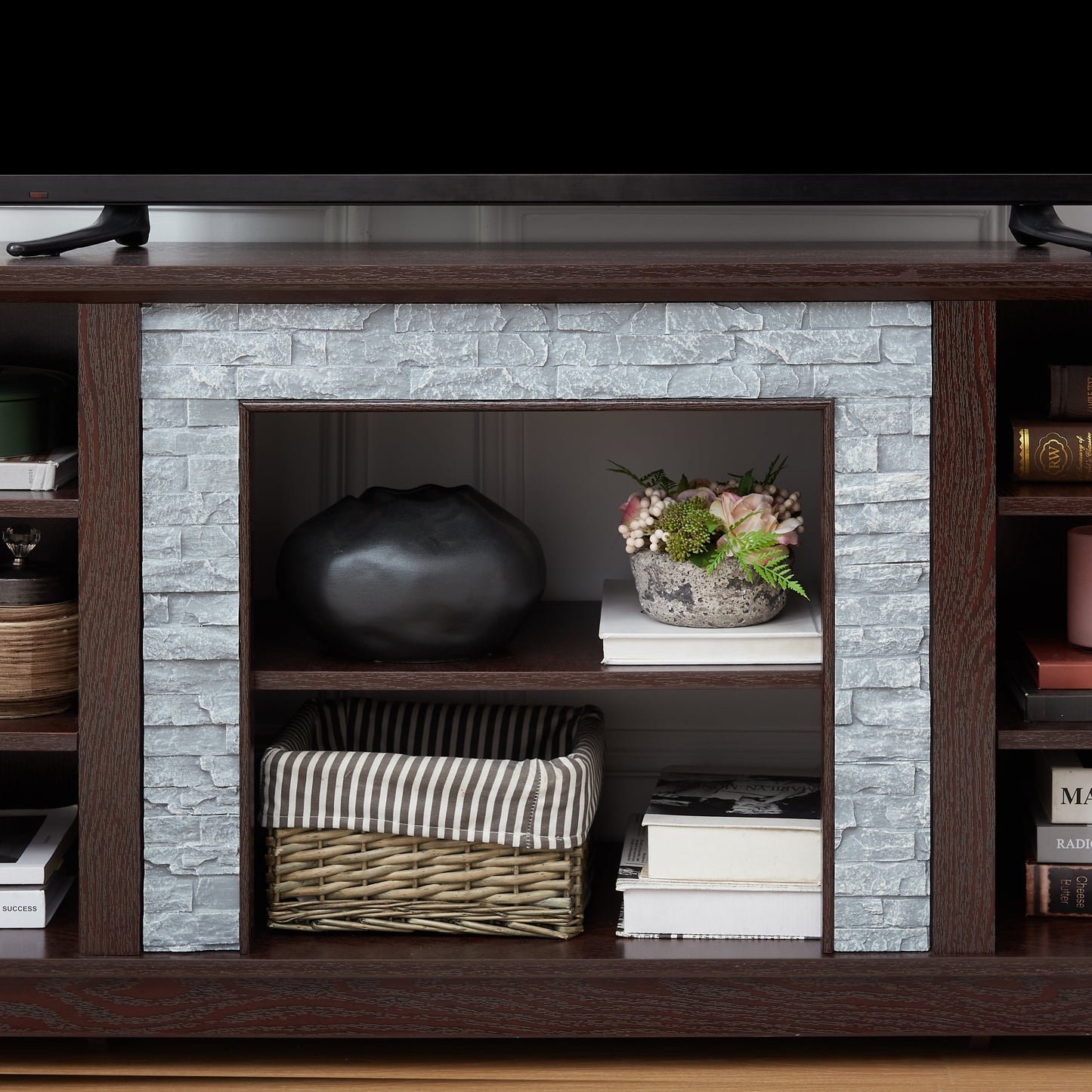 TV Media Stand with with Faux Stacked Stone Surround, Modern Entertainment Console with Open Storage Space, Cherry, 58.31'W*15.39'D*26.06'H