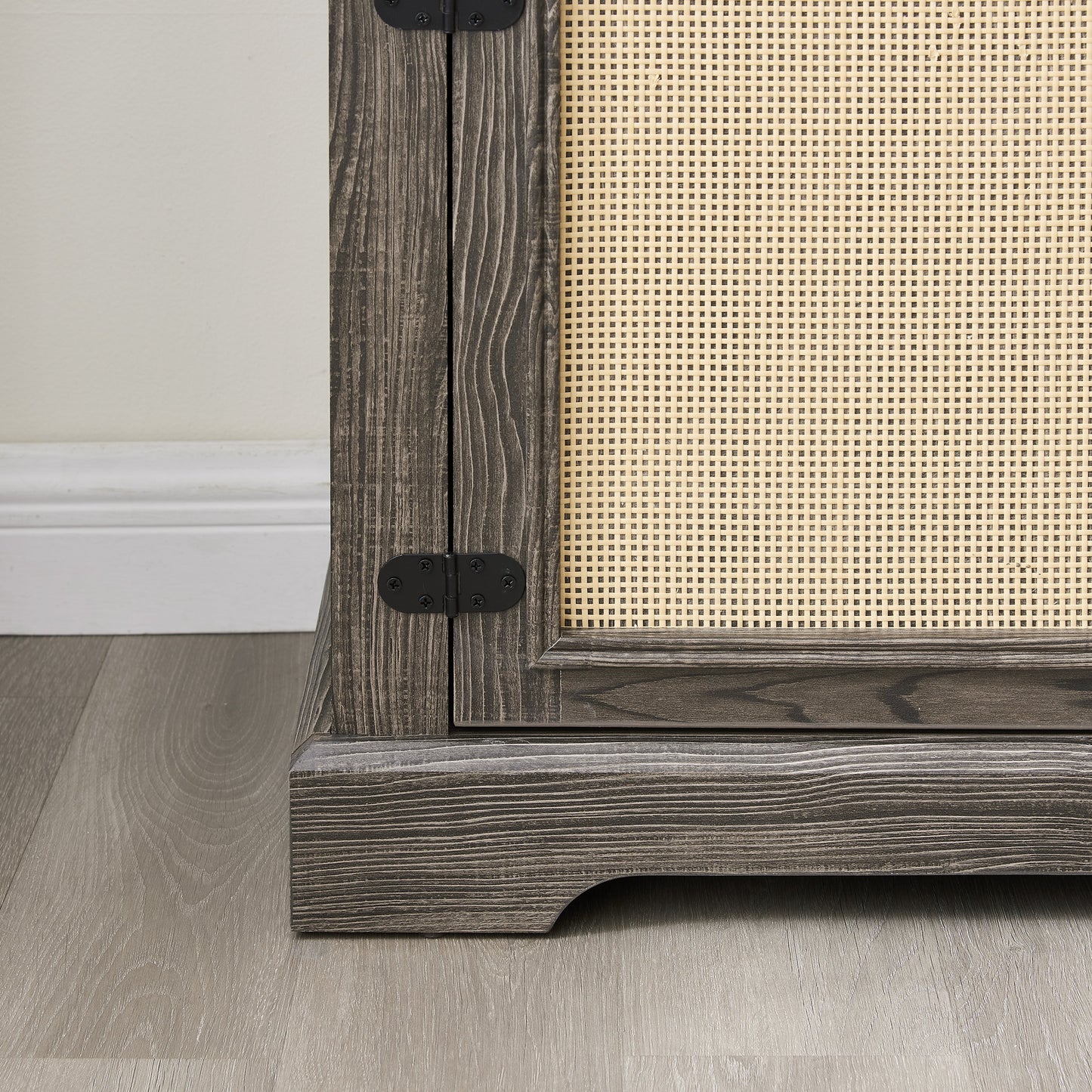 Farmhouse Rattan TV Stand Console Table for TVs up to 70 Inches, TV Console Table with 2 Storage Shelves, 2 Natural Rattan Door Cabinets, 65'W*15.55'D*23.86'H, Gray