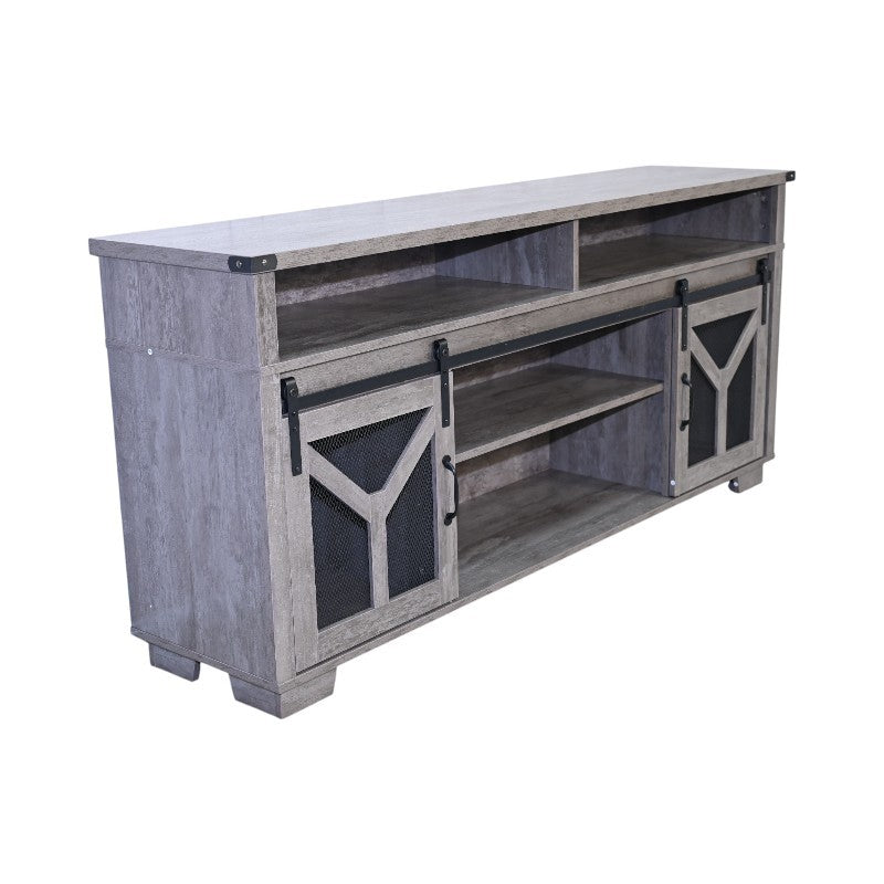 65.3' TV Stand with LED light strips and Iron mesh barn door Y decorative strip country grey farmhouse style