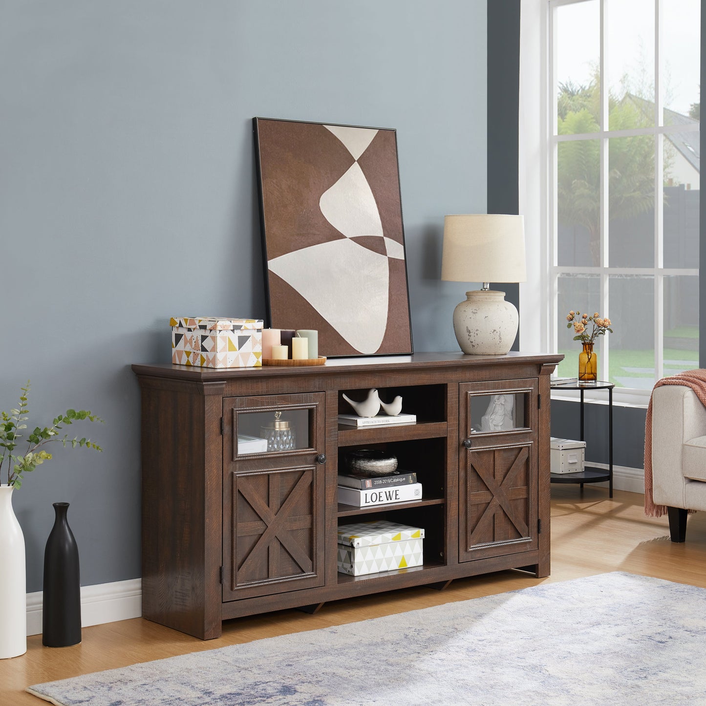 2 Doors Cabinet Farmhouse Cabinet, Farmhouse TV Stand Barn Design,Modern Farmhouse TV Media Stand, Large Barn Inspired Home Entertainment Console,Espresso, 60.23'W*15.35'D*31.7'H
