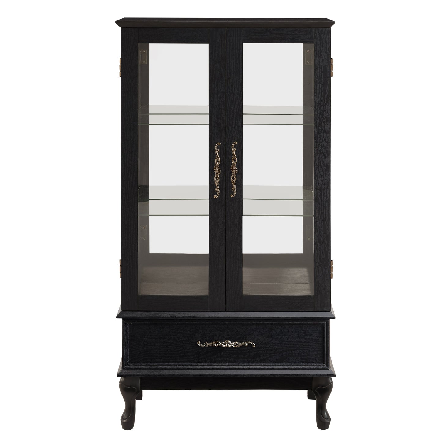 Lighted Curio Cabinet with Glass Doors and Adjustable Shelves 2 Door Wine Cabinet Display Curio Cabinet with LED Lights Light Black Finish and Drawer for Home Decor and Storage