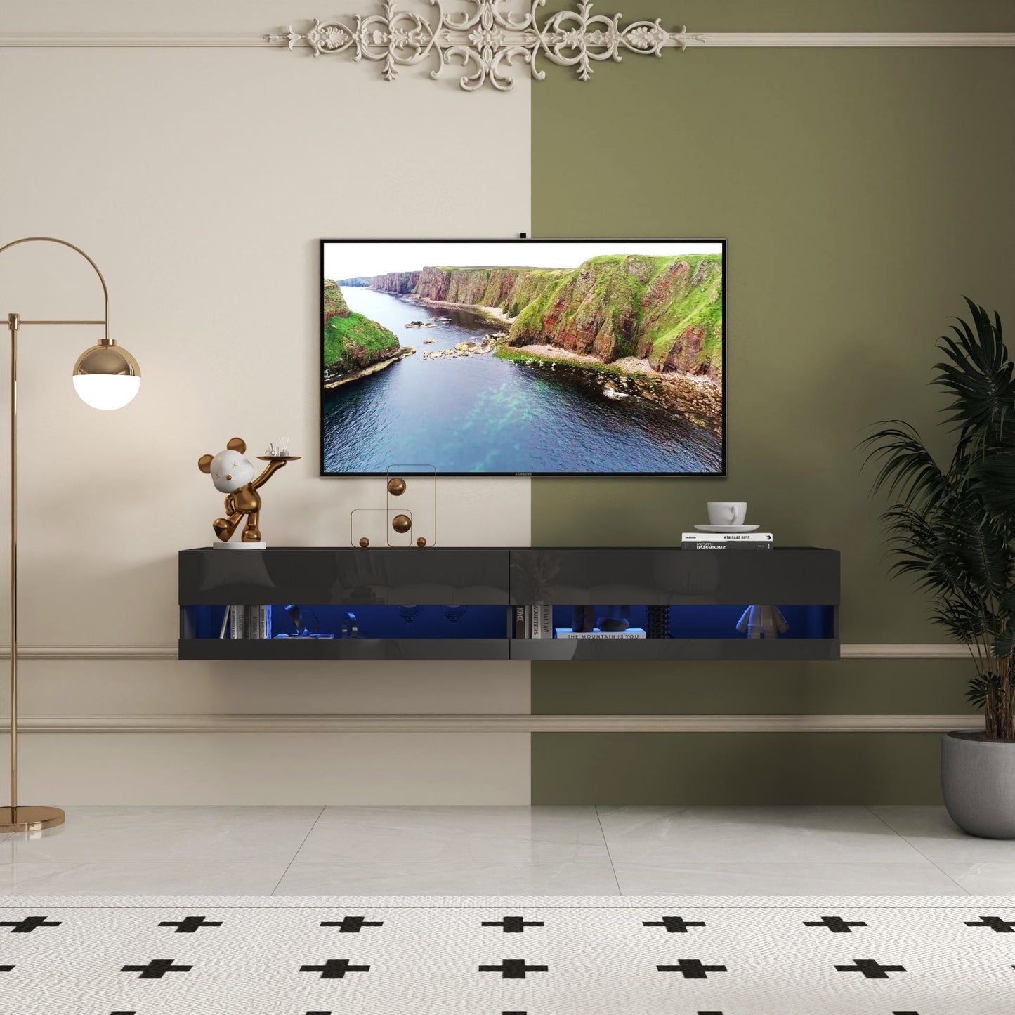 180 Wall Mounted Floating 80' TV Stand with 20 Color LEDs and Charging Station