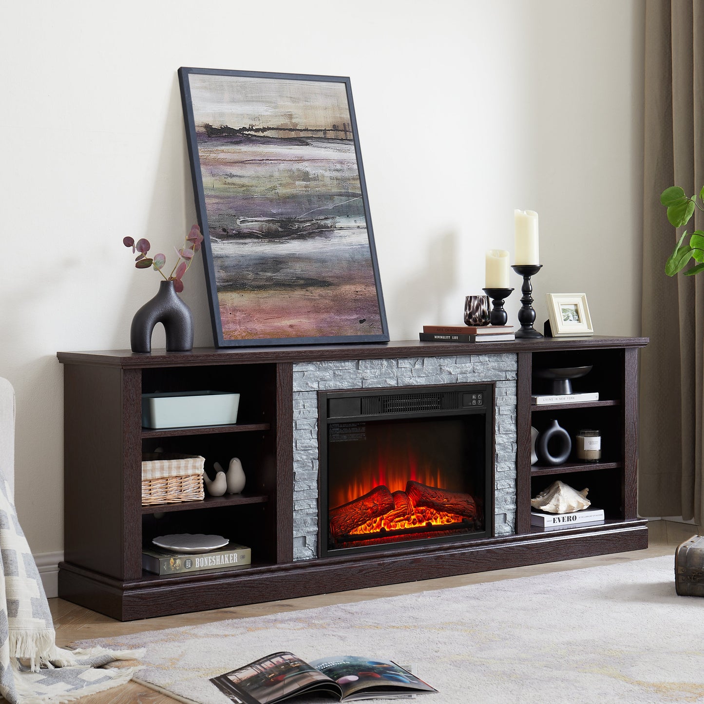 Large TV Desk Storage Rack with Faux Stacked Stone Surround,Media Console Table with Large Storage Cabinet,Modern TV Media Stand with 23' Fireplace Insert,Cherry, 70.12'W*15.35'D*25.83'H