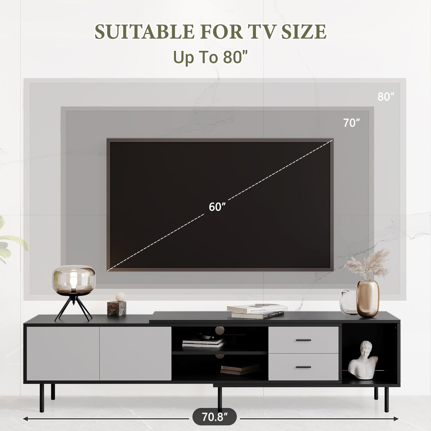 Modern TV Stand for 80'' TV with 2 Doors, Media Console Table, Entertainment Center with Large Storage Cabinet for Living Room, Bedroom