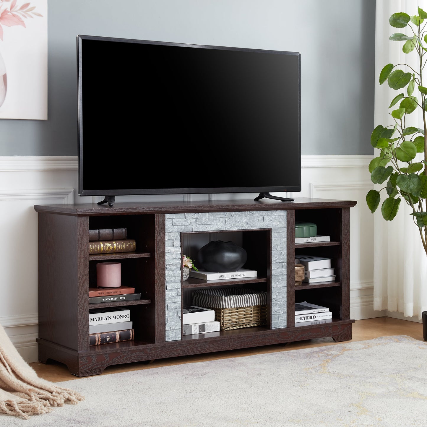 TV Media Stand with with Faux Stacked Stone Surround, Modern Entertainment Console with Open Storage Space, Cherry, 58.31'W*15.39'D*26.06'H