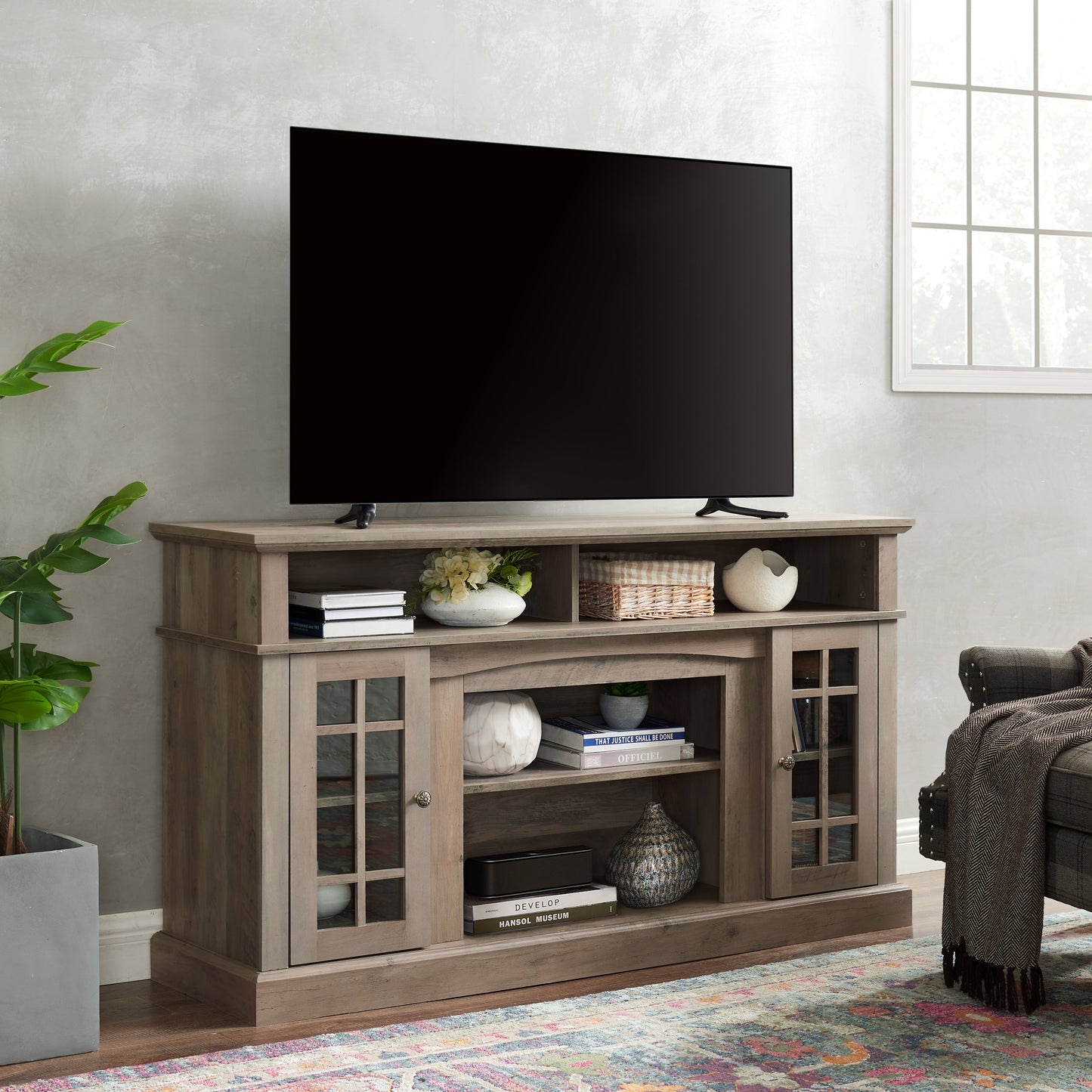 Classic TV Media Stand Modern Entertainment Console for TV Up to 65' with Open and Closed Storage Space, Gray Wash, 58.25'W*15.75'D*32'H