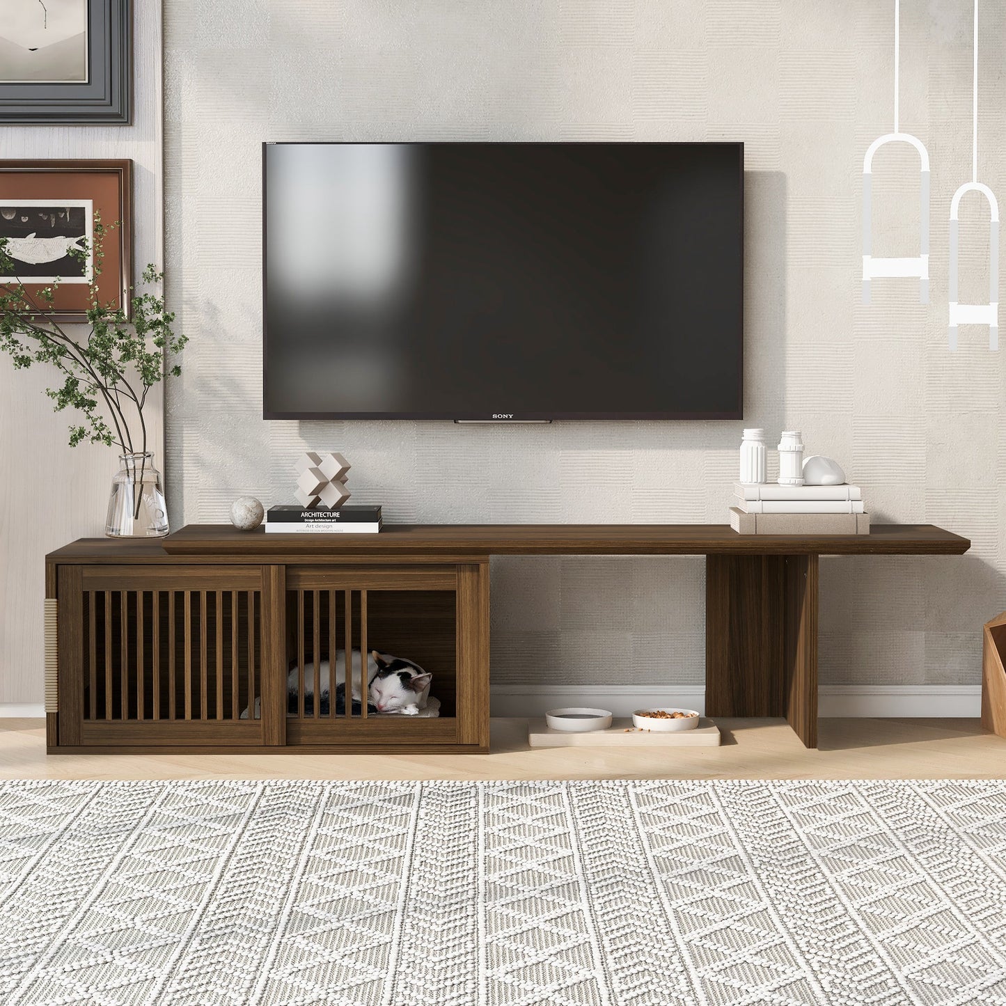 Mid-Century Modern 2 in 1 Cat Furniture Walnut TV Stand With Extendable table, Litter Box Enclosure with Cat Scratcher