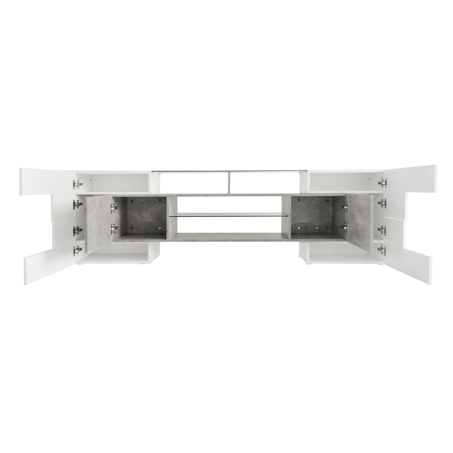 ON-TREND Unique Shape TV Stand with 2 Illuminated Glass Shelves, High Gloss Entertainment Center for TVs Up to 88', Versatile TV Cabinet with LED Color Changing Lights for Living Room, Grey