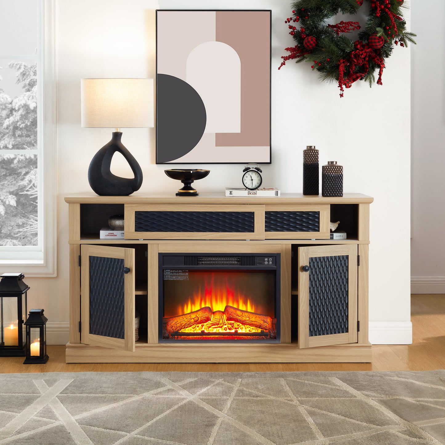 Embossed Pattern TV Stand with 23' fireplace insert,, TV and Media Console with Open and Closed Storage Space and sliding door for Living Room & Bedroom,LIGHT OAK, 58.27'W*15.35'W*31.7H