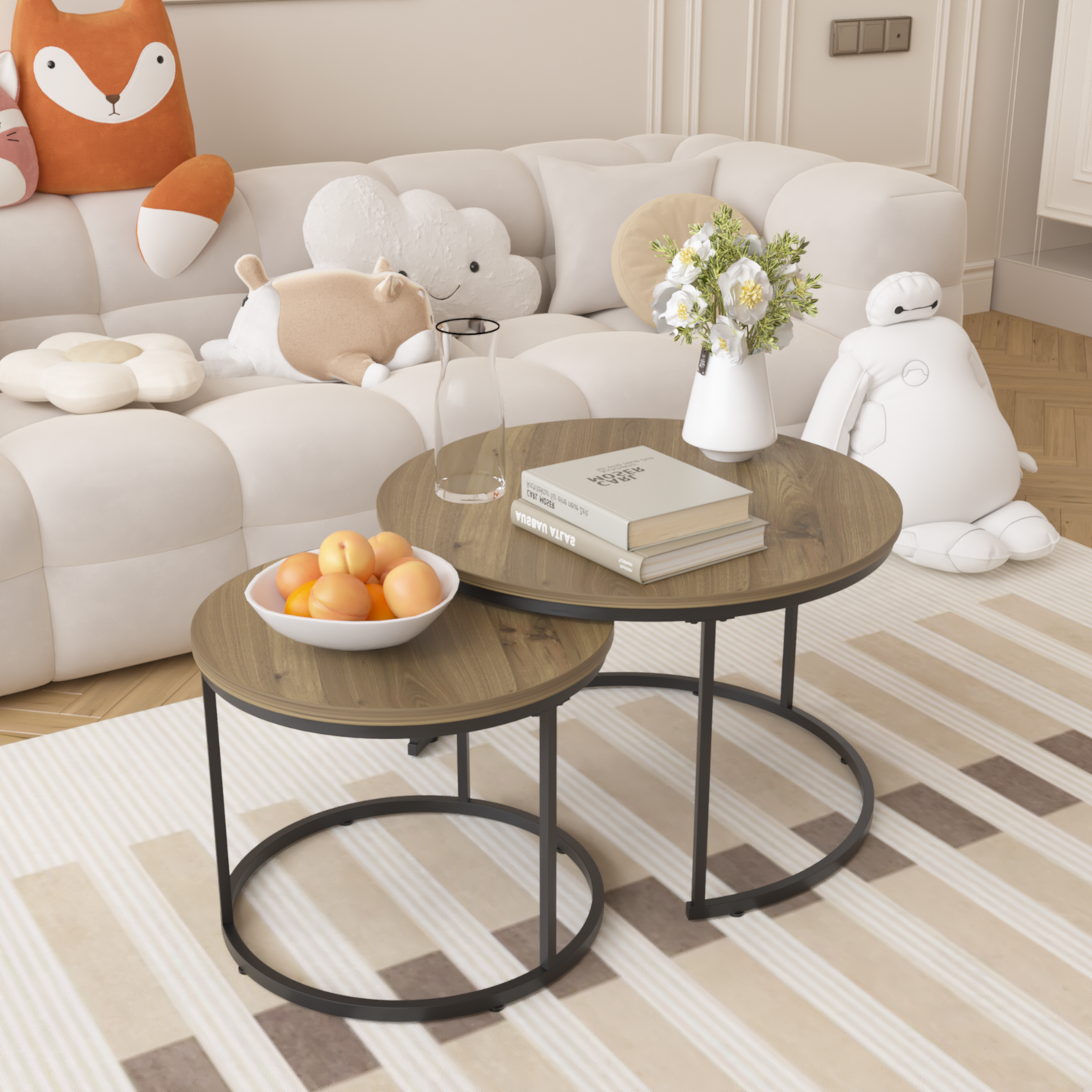 Nesting Coffee Table Set of 2, 27.6inch Round Coffee Table Industrial Wood Finish with Sturdy Metal Frame, End Table Side Tables for Living Room Bedroom Balcony Yard (Brown)