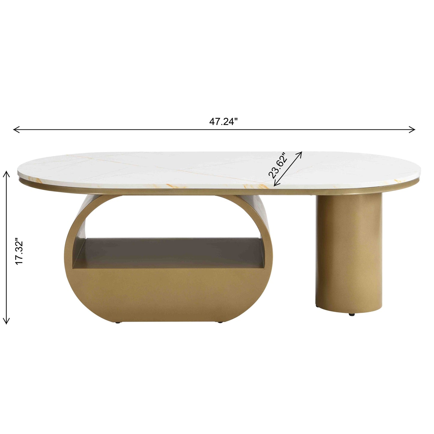 Luxury Modern Oval Coffee Table, 47.24'' Coffee Table with Storage Drawer, Faux Marble Top, Golden Metal Center Table for Living Room