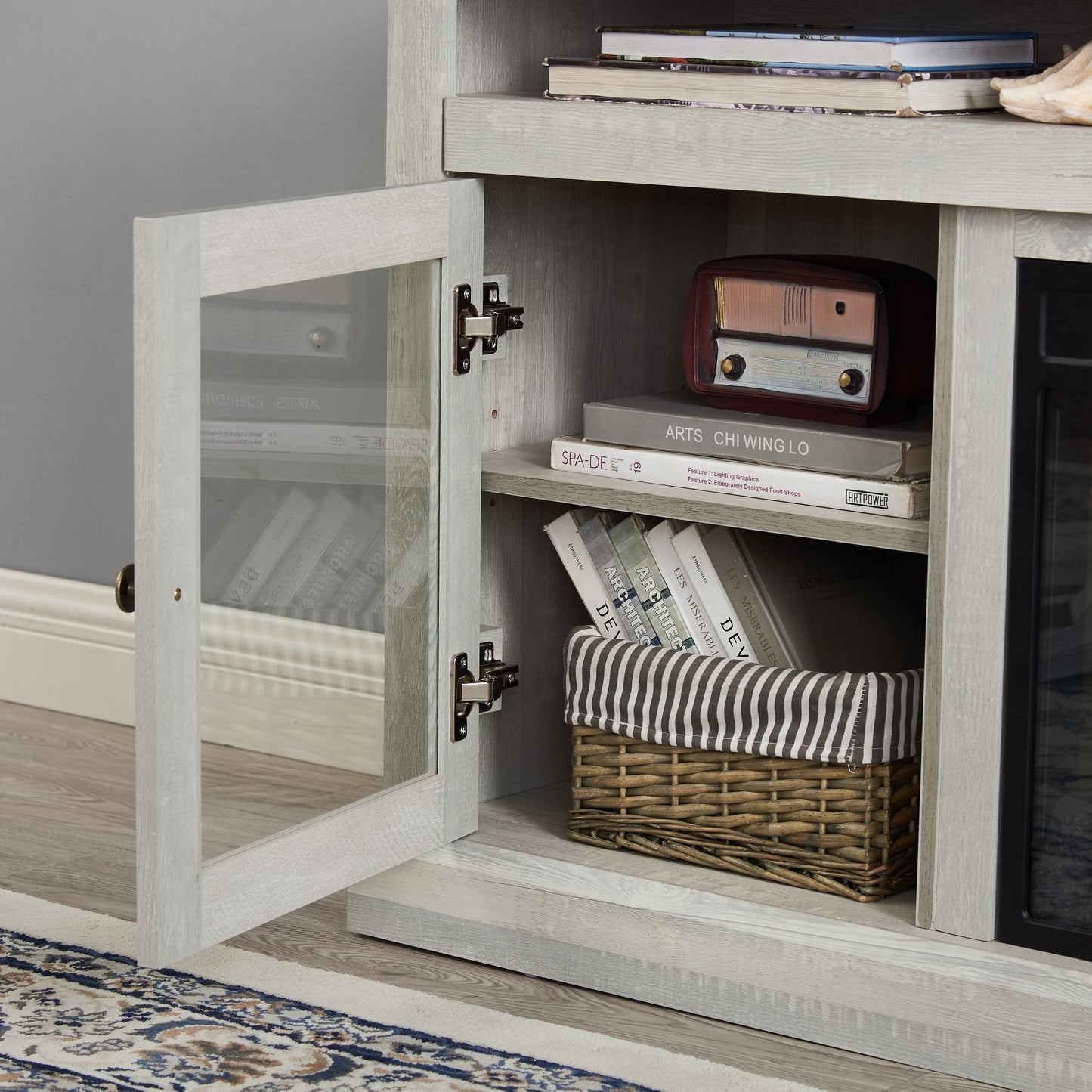 Contemporary TV Media Stand Modern Entertainment Console with 18' Fireplace Insert for TV Up to 65' with Open and Closed Storage Space, Stone Gray, 60'W*15.75'D*29'H