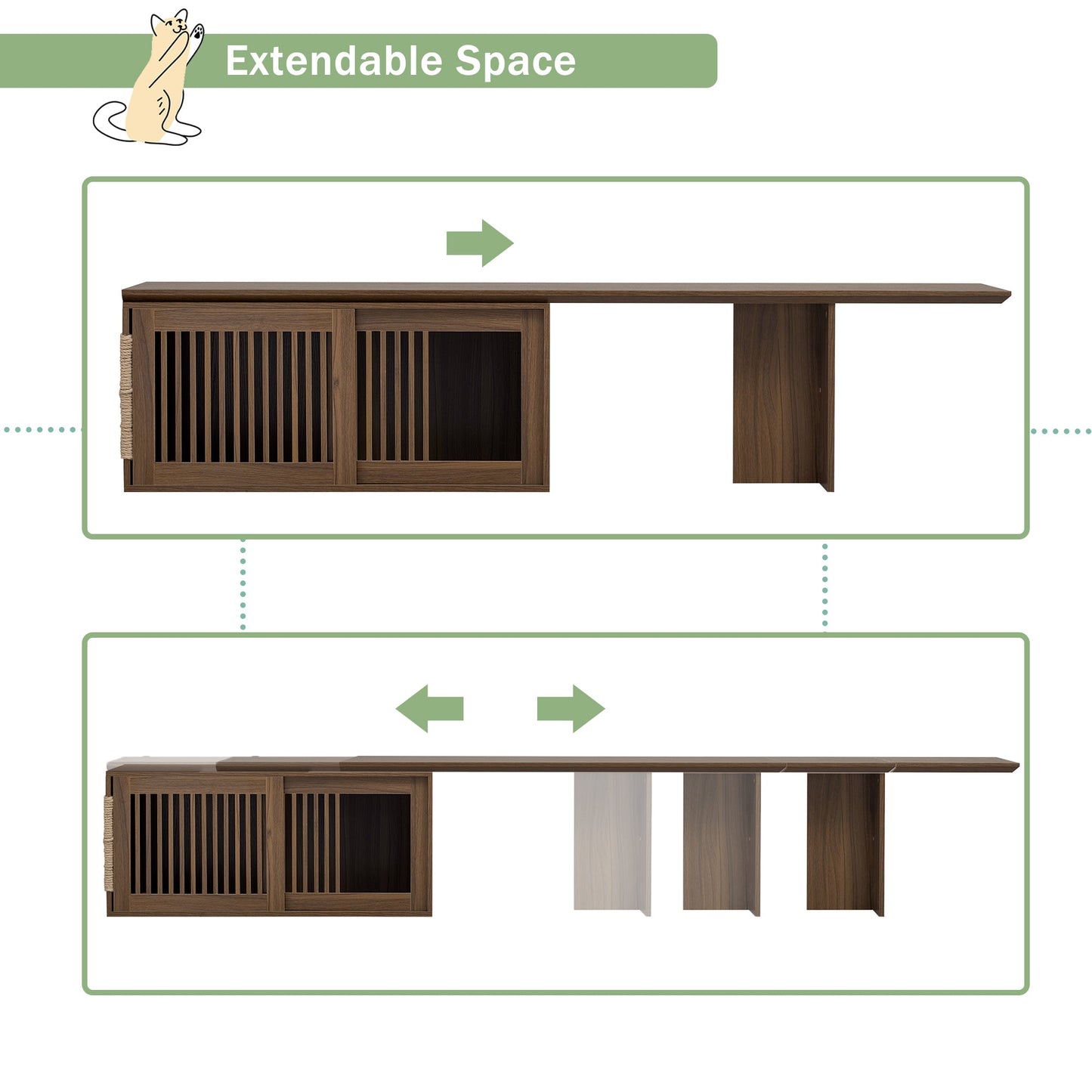 Mid-Century Modern 2 in 1 Cat Furniture Walnut TV Stand With Extendable table, Litter Box Enclosure with Cat Scratcher