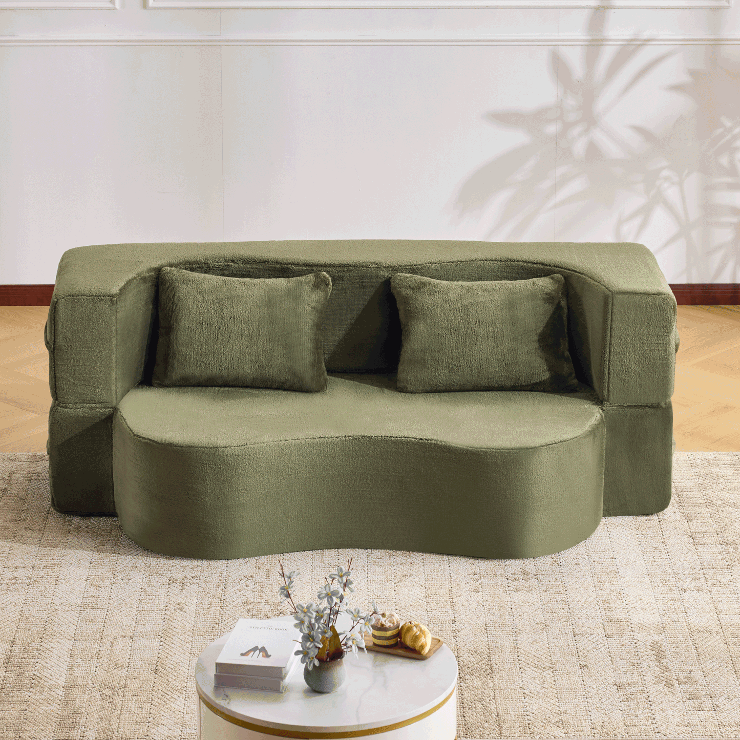 71-inch folding sofa bed, plush futon sofa bed, high-density foam convertible sofa bed, folding floor sofa bed for living room, guest room, bedroom, green