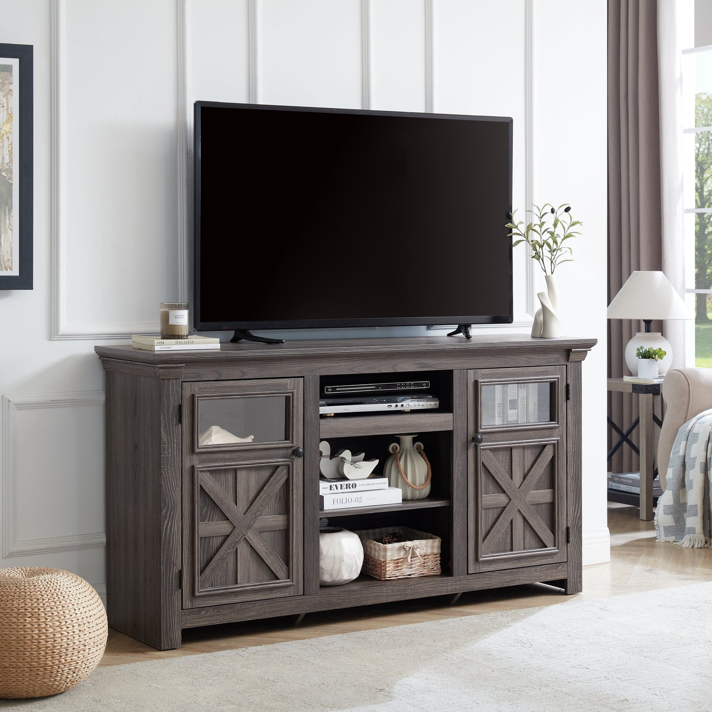 2 Doors Cabinet Farmhouse Cabinet, Farmhouse TV Stand Barn Design,Modern Farmhouse TV Media Stand, Large Barn Inspired Home Entertainment Console,GREY, 60.23'W*15.35'D*31.7'H