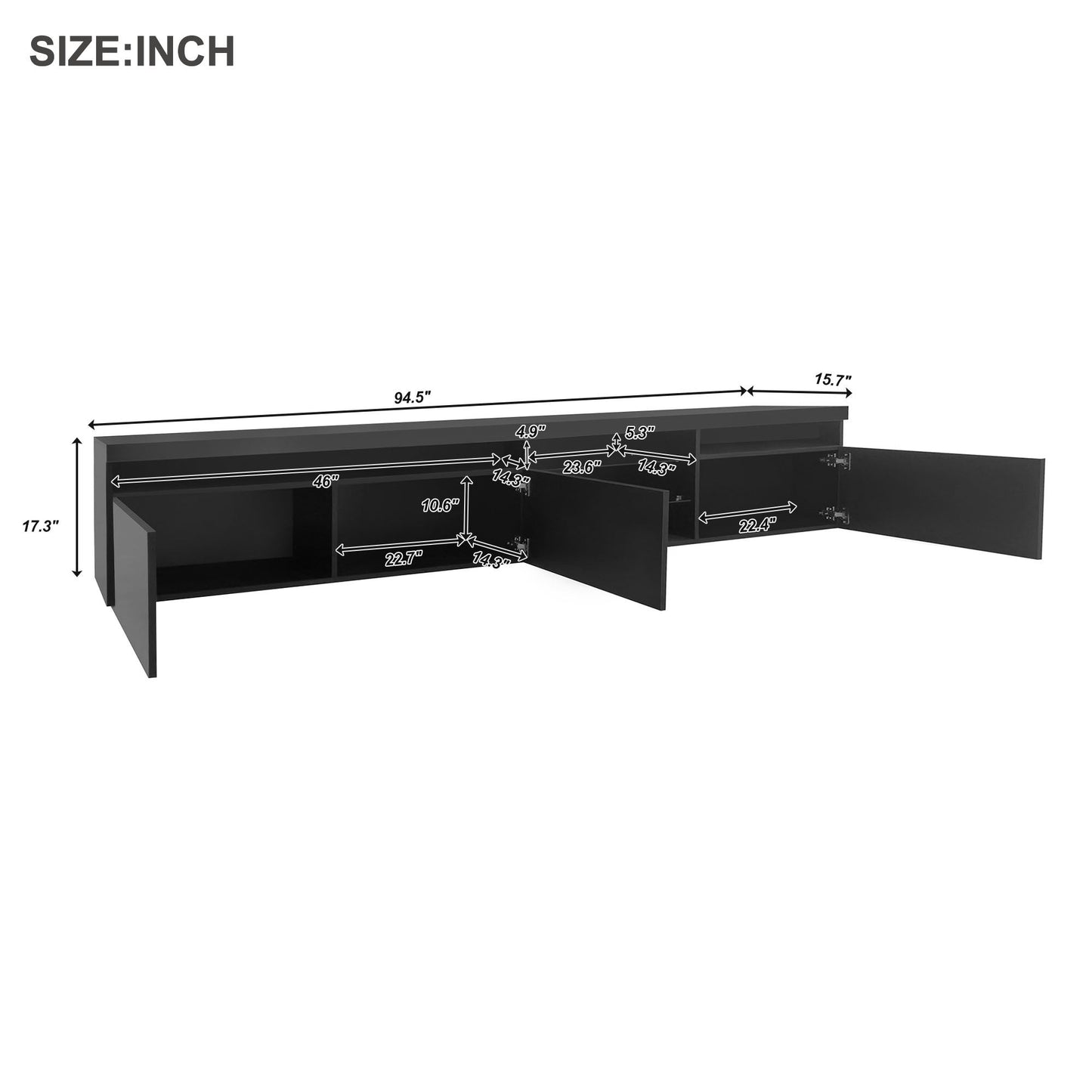 ON-TREND Unique Design TV Stand with 2 Glass Shelves, Ample Storage Space Media Console for TVs Up to 105', Versatile TV Cabinet with LED Color Changing Lights for Living Room, Black