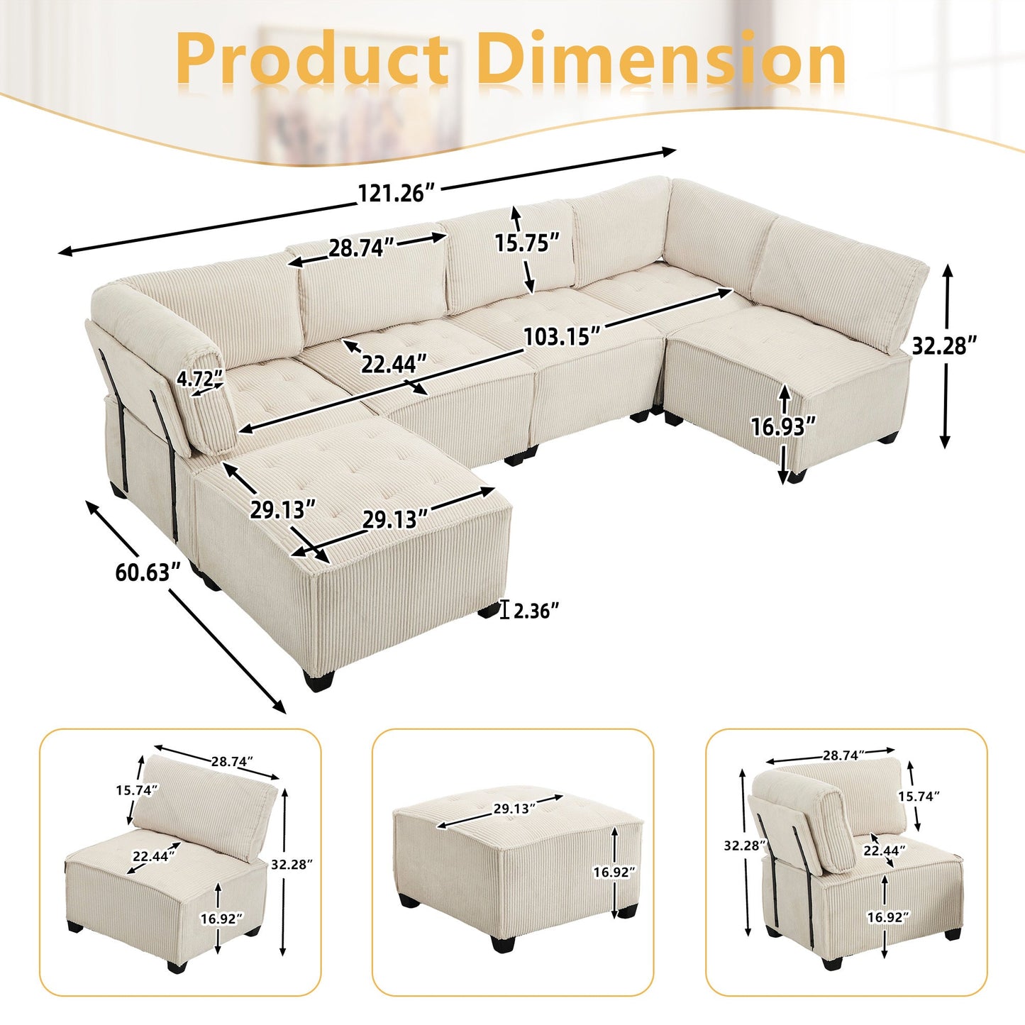 UNITED WE WIN Modular Sectional Sofa U Shaped Modular Couch with Reversible Chaise Modular Sofa Sectional Couch,6- Seat Convertible Sofa,Fit for Living Room