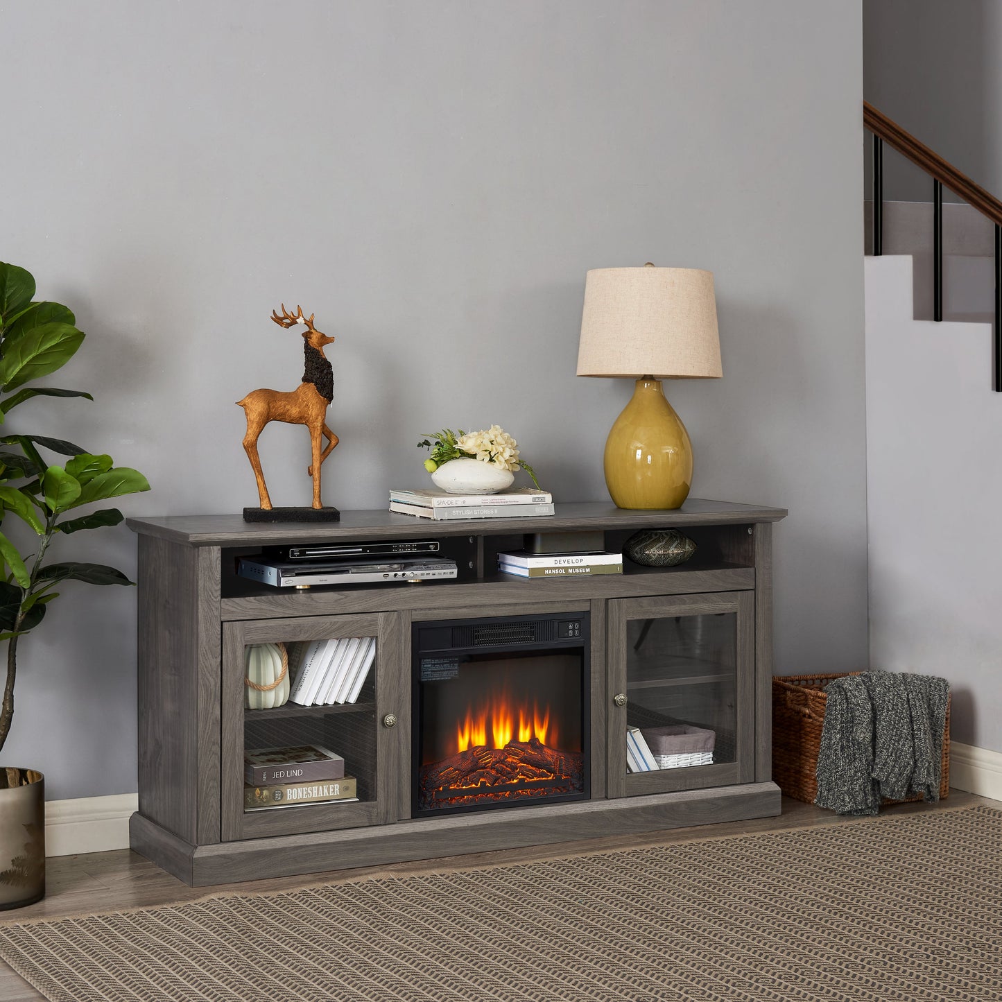 Retro TV Stand for 65'' TV, TV Console Cabinet with Storage, Open Shelves Entertainment Center with 18' Fireplace Insert for Living Room Dark Walnut 60'W*15.75'D*29'H