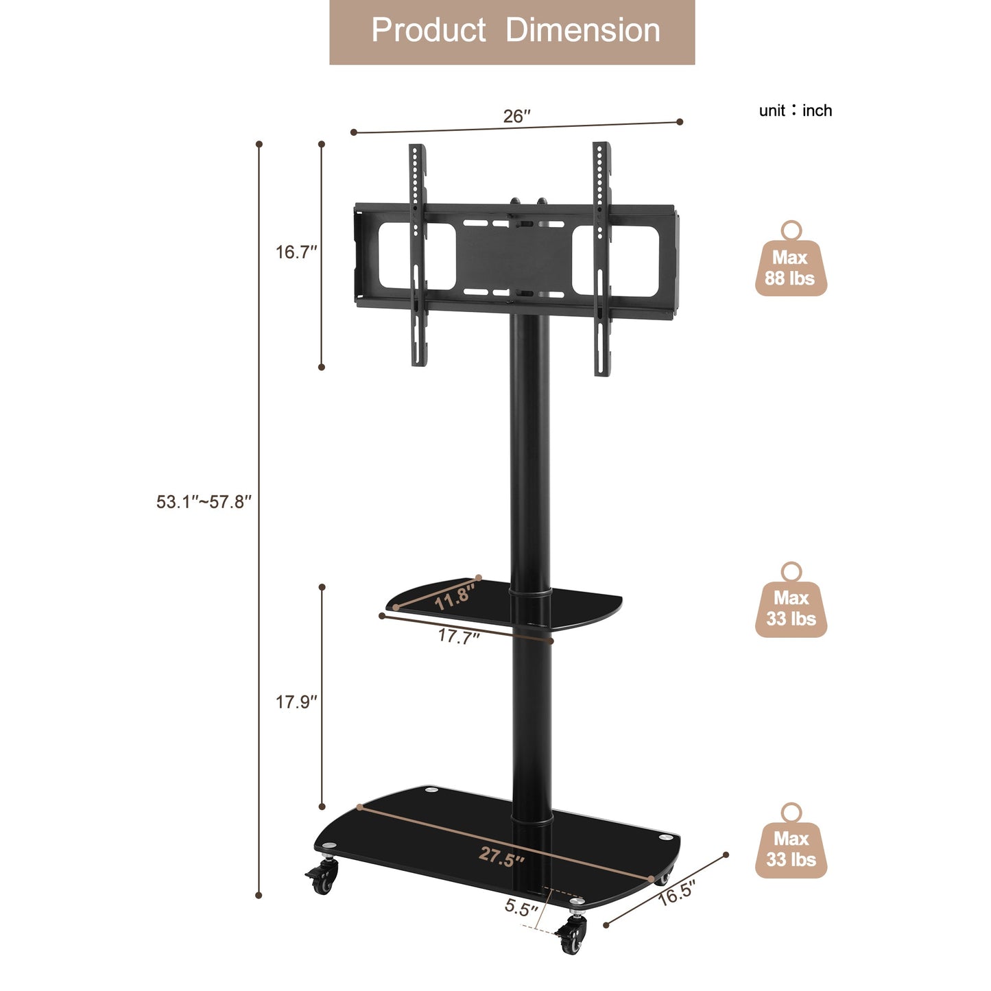 Height and Angle Adjustable Mobile TV Stand with Tempered Glass Shelves and Lockable Wheels, Black Metal Frame, Fits 32-65 Inch TVs