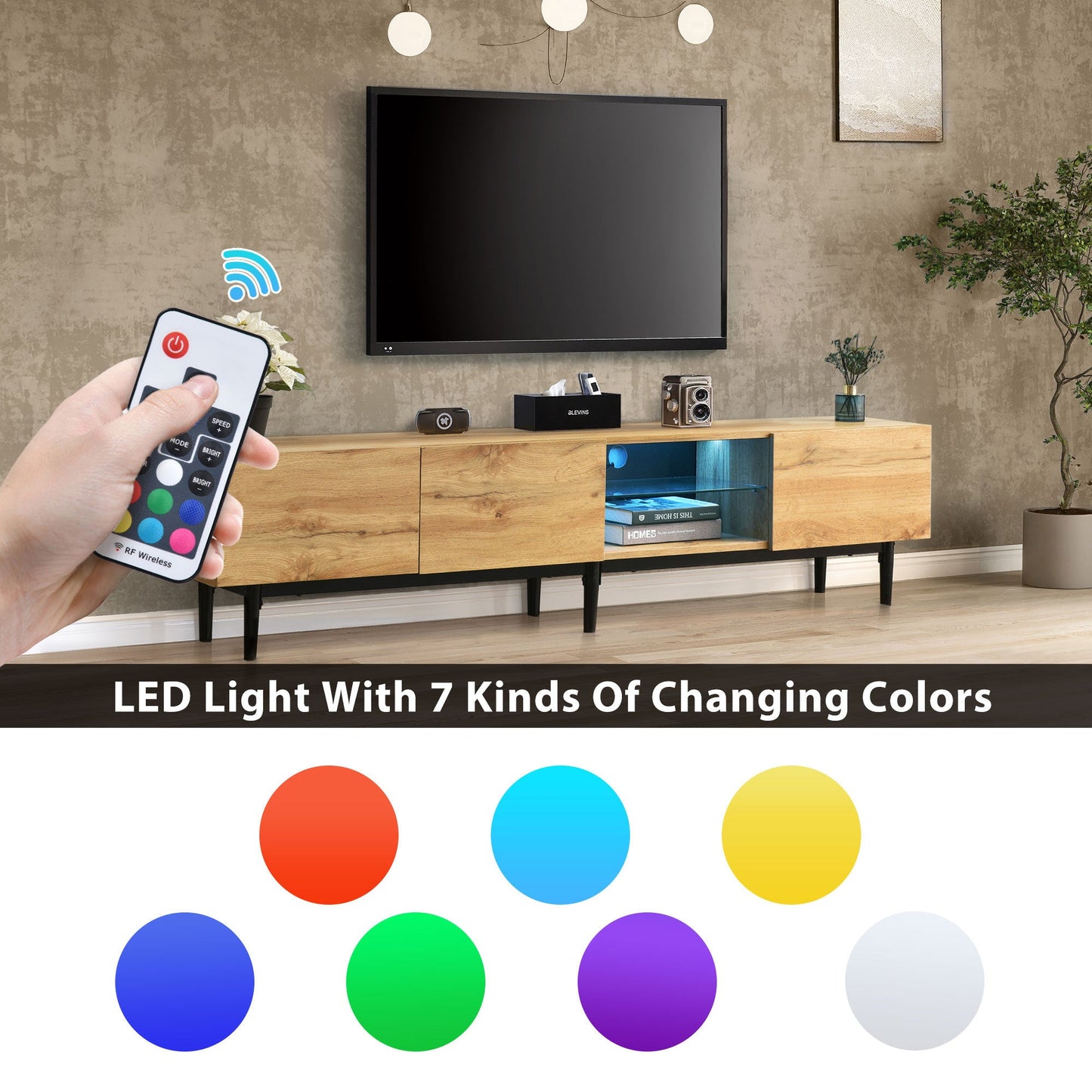 Modern TV Stand with 4 Cabinets& Open Shelves, Color-matching Media Console Table for TVs up to 80'' with LED Light, Entertainment Center with Drop Down Door for Living Room, Bedroom, Home Theatre