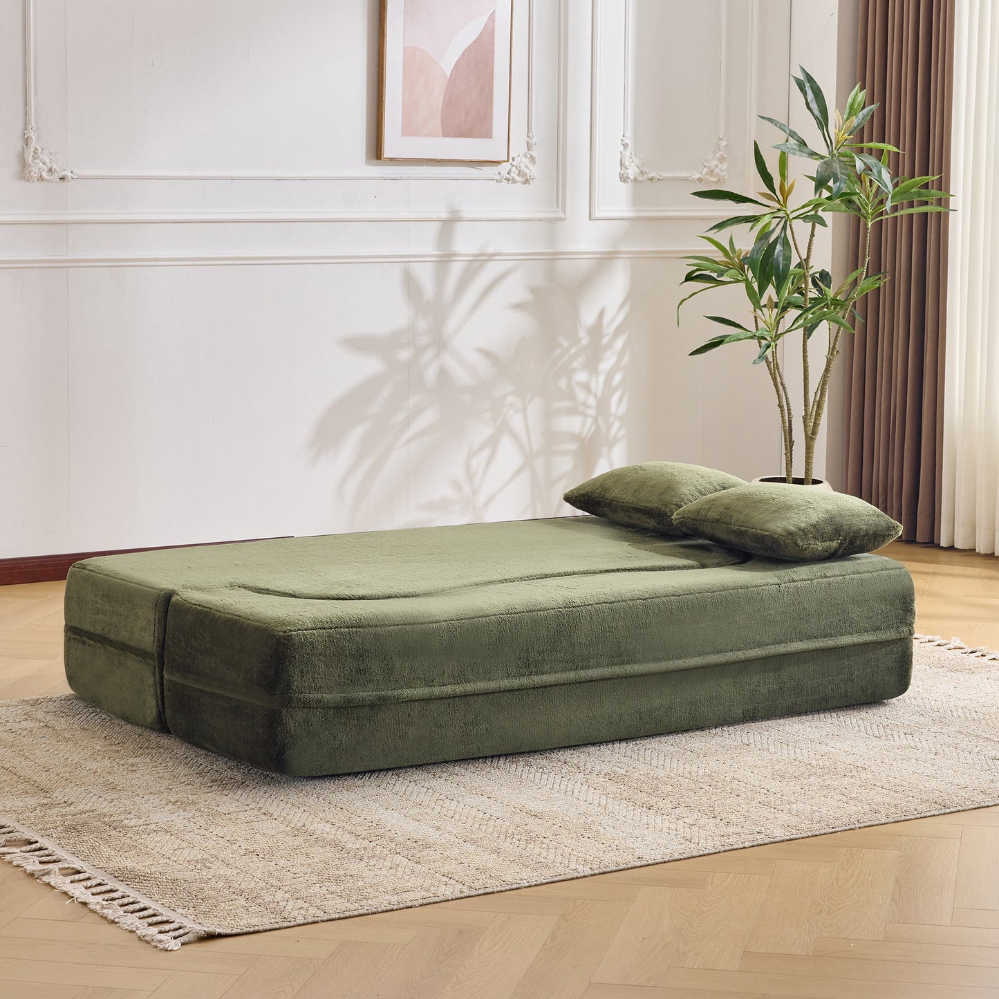 71-inch folding sofa bed, plush futon sofa bed, high-density foam convertible sofa bed, folding floor sofa bed for living room, guest room, bedroom, green
