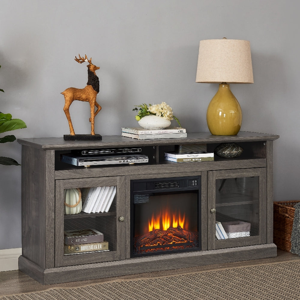 Retro TV Stand for 65'' TV, TV Console Cabinet with Storage, Open Shelves Entertainment Center with 18' Fireplace Insert for Living Room Dark Walnut 60'W*15.75'D*29'H