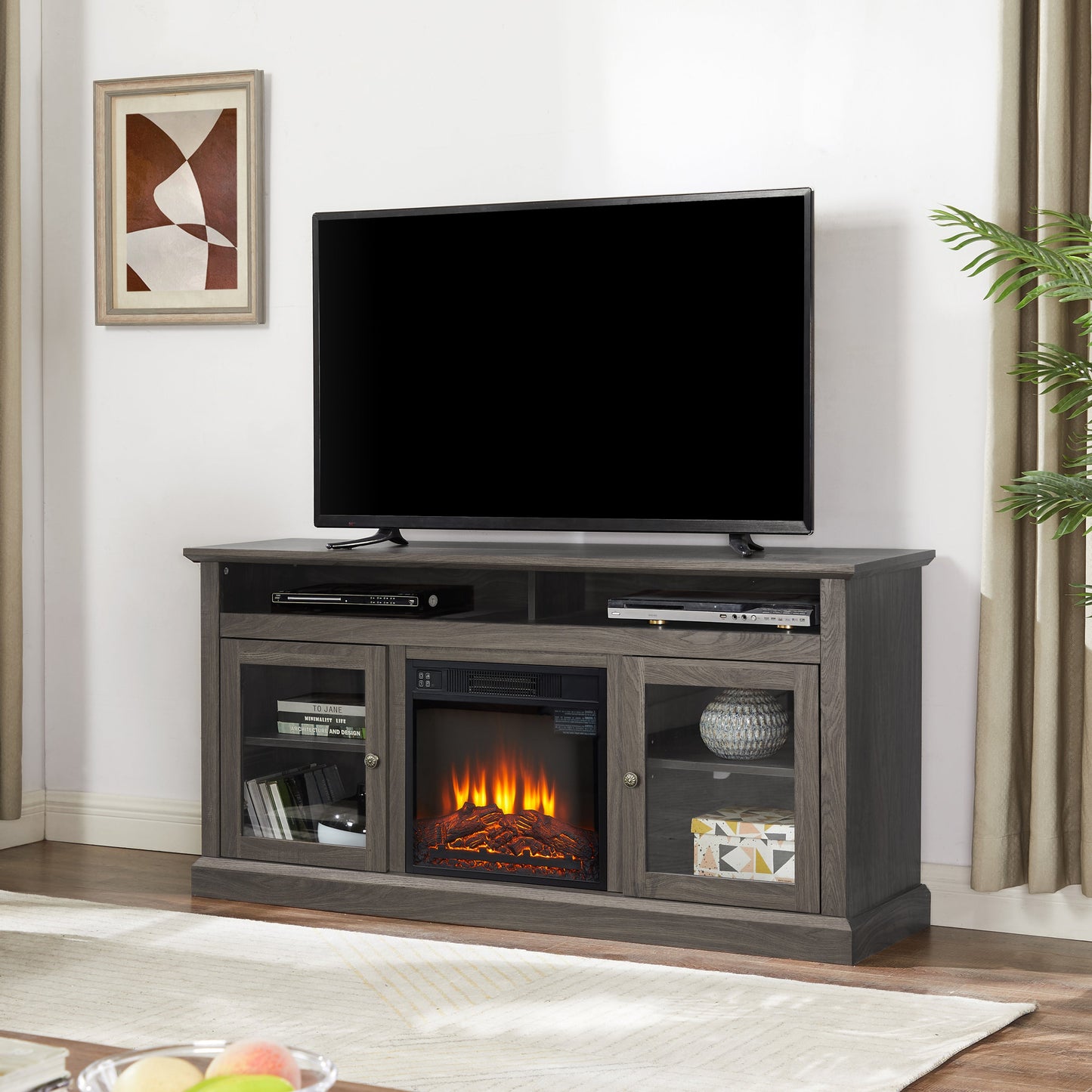 Retro TV Stand for 65'' TV, TV Console Cabinet with Storage, Open Shelves Entertainment Center with 18' Fireplace Insert for Living Room Dark Walnut 60'W*15.75'D*29'H