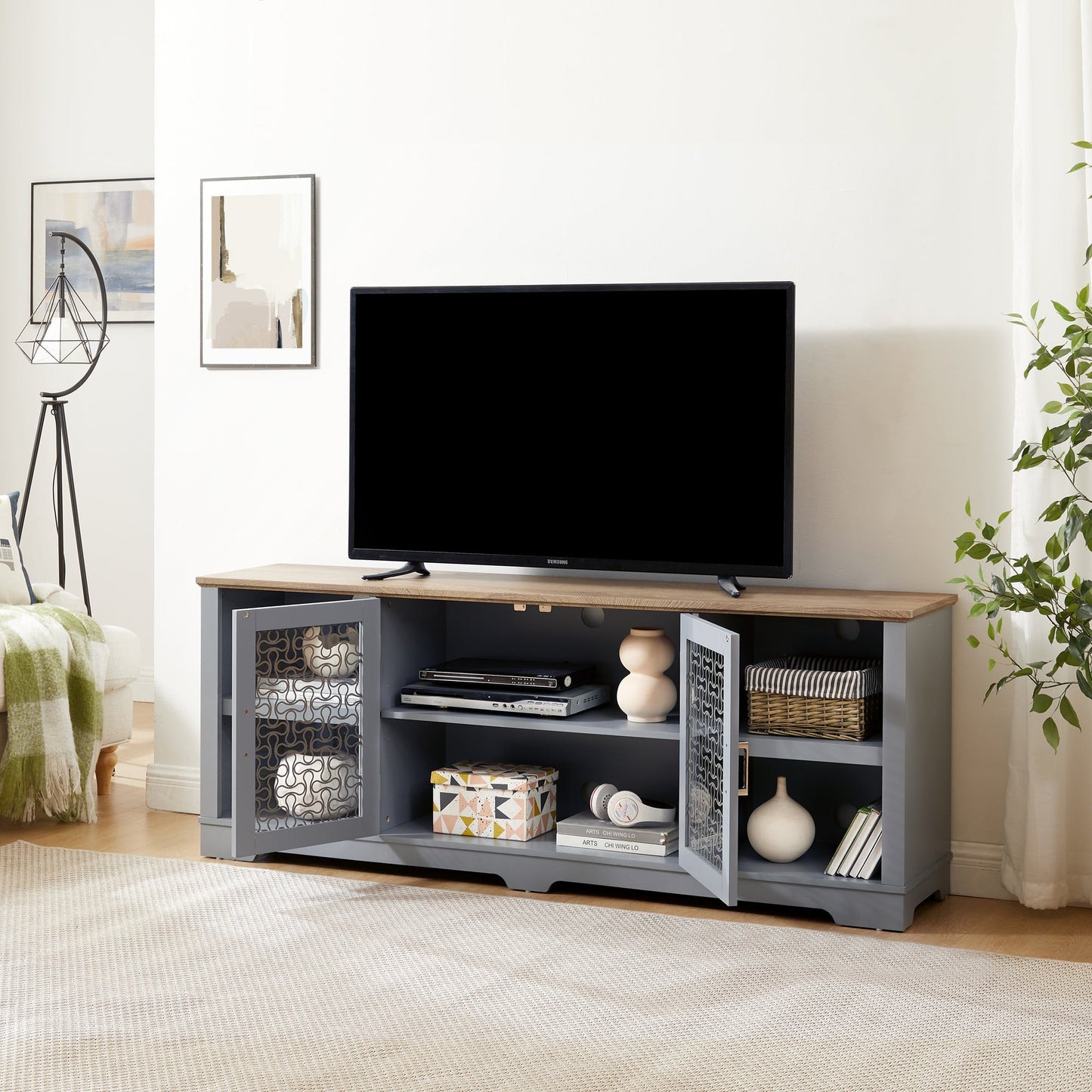 Modern Farmhouse TV Media Stand, Large Home Entertainment Console, for TV Up to 80'', with Open Shelves and Glass Door Cabinets, Light Blue and Light Oak, 70'W*15.55'D*26.85'H