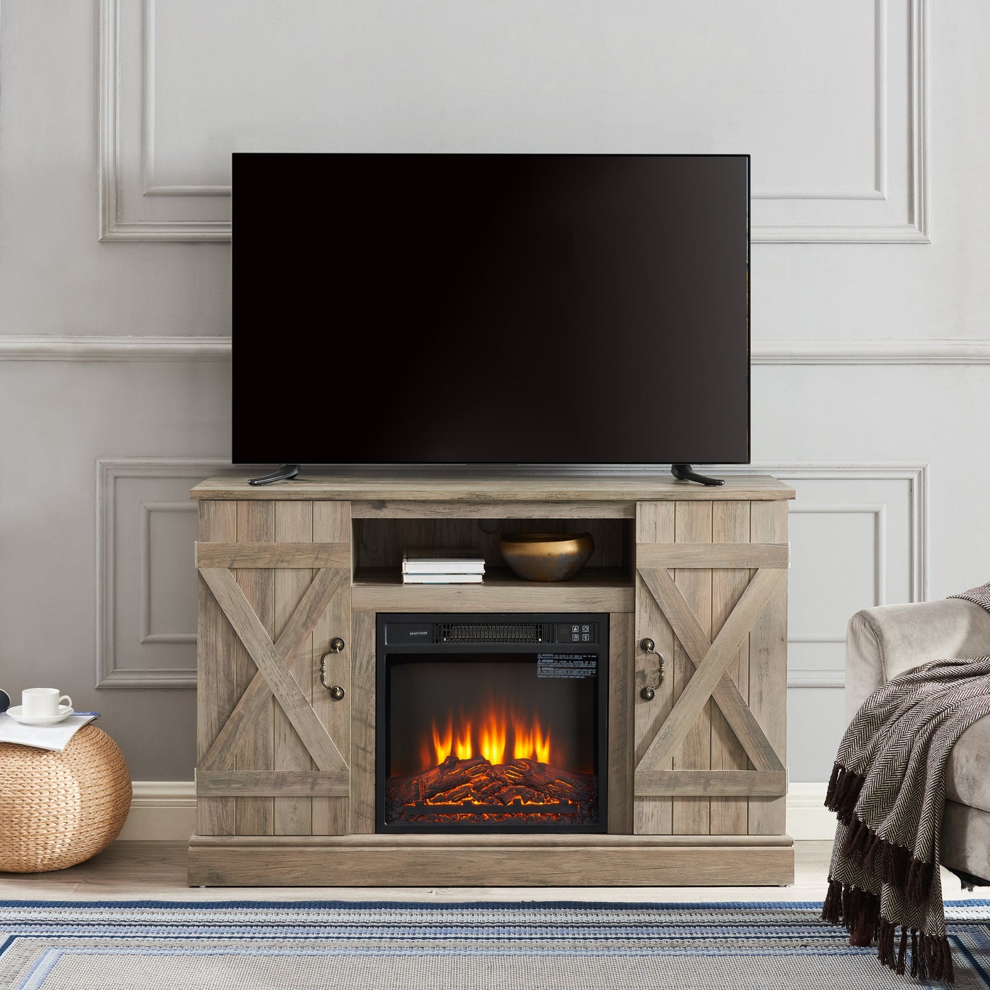 American retro Farmhouse Classic Media TV Stand Antique Entertainment Console with 18' Electric Fireplace Insert for TV up to 50' with Open and Closed Storage Space, Gray Wash 47'W*15.5'D*30.75'H