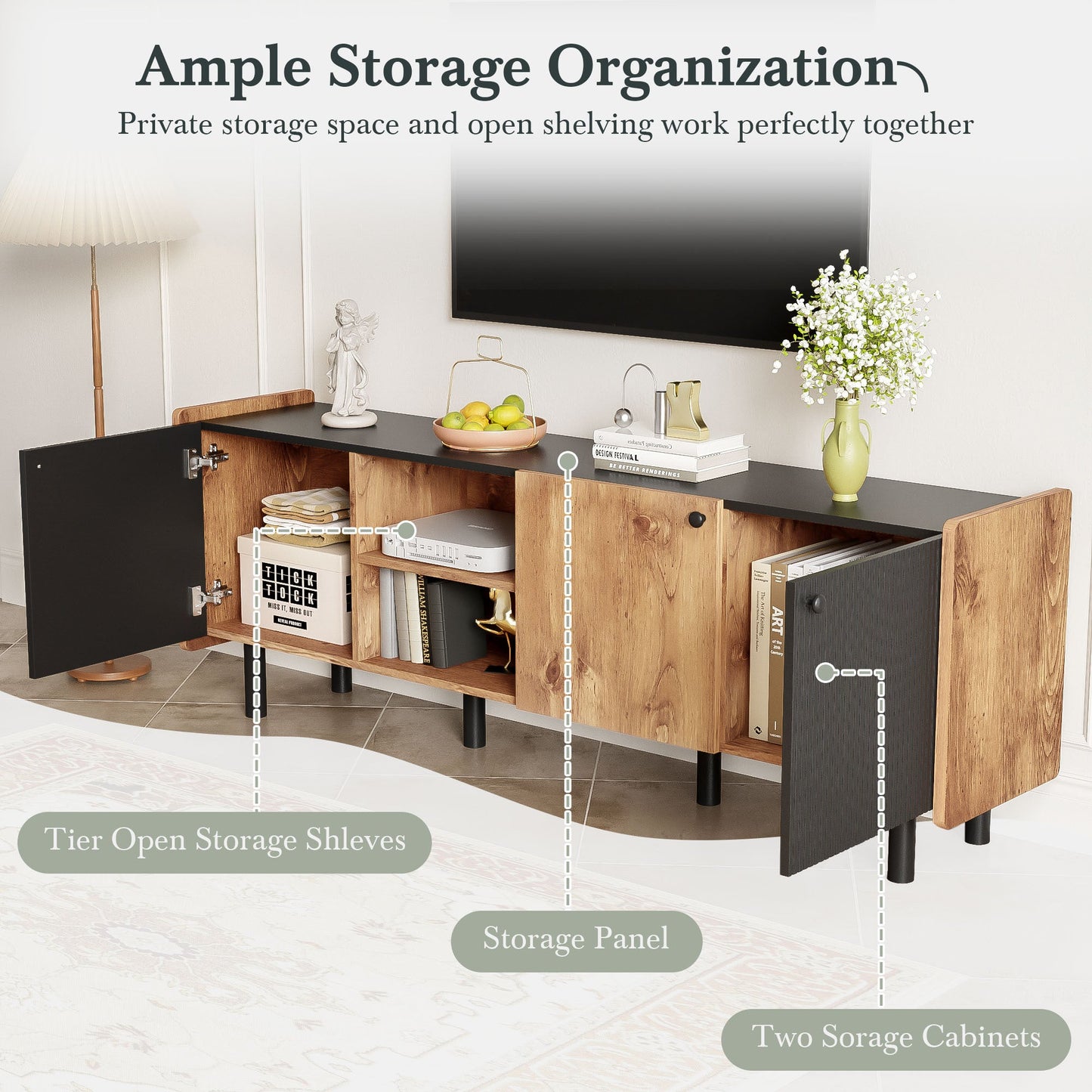 Mid Century TV Stand with 3 Cabinets, Media Console Table for TVs up to 70'', Entertainment Center with Storage for Living room, Bedroom, Black Color Top Panel & Handle