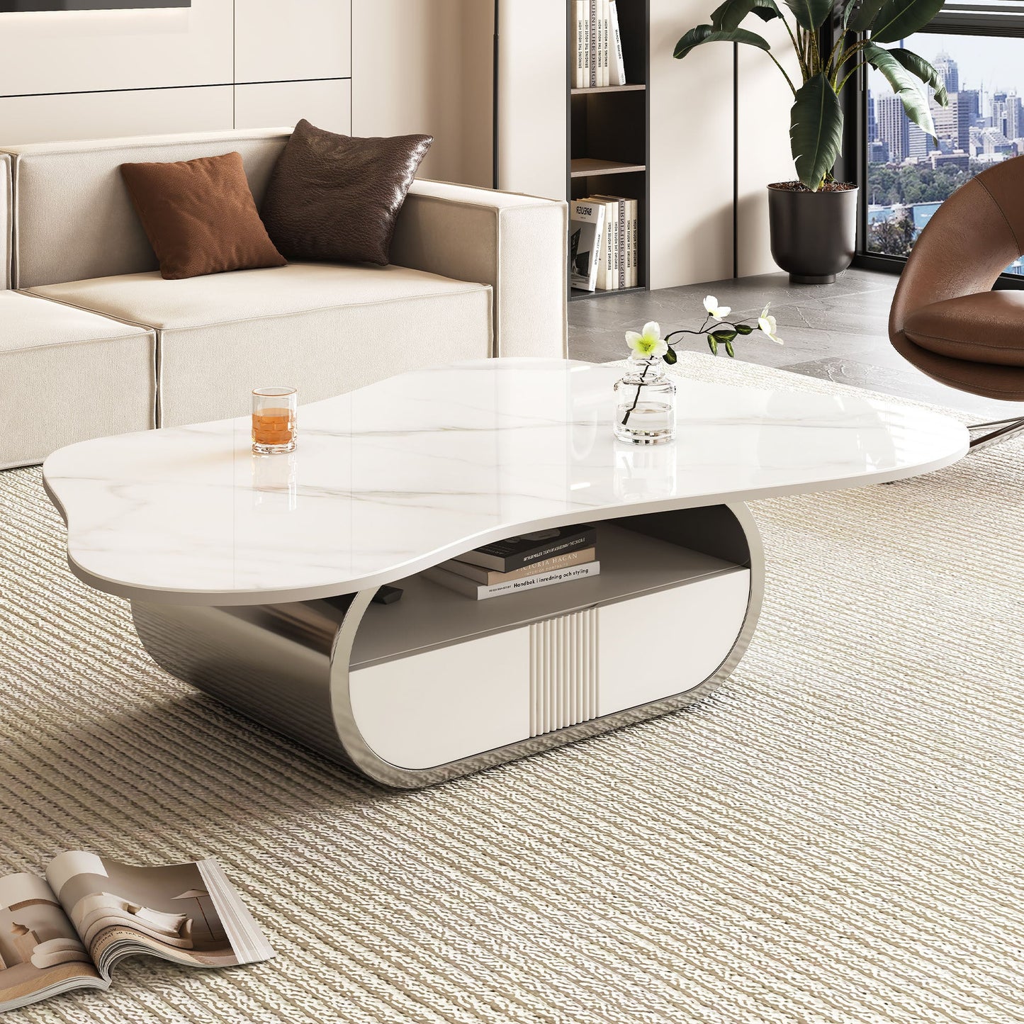 Modern Butterfly Coffee Table with Sintered Stone Top – Oval Center Table with Storage Shelf & Drawer, Stainless Steel Base & MDF Cabinet