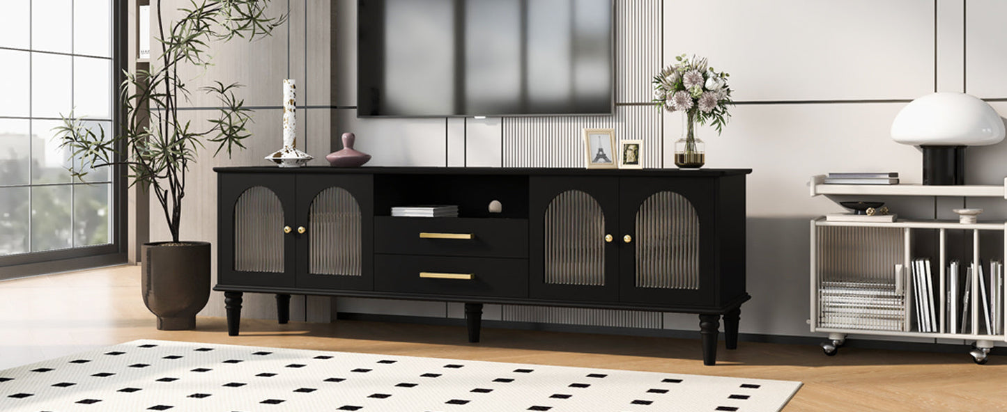 U-Can 68.9'' Retro TV Stand for TVs up to 75 Inches, Entertainment Center Media Console with Fluted Glass Doors and Five Solid Wood Legs for Living room(OLD SKU:N724P198468B)
