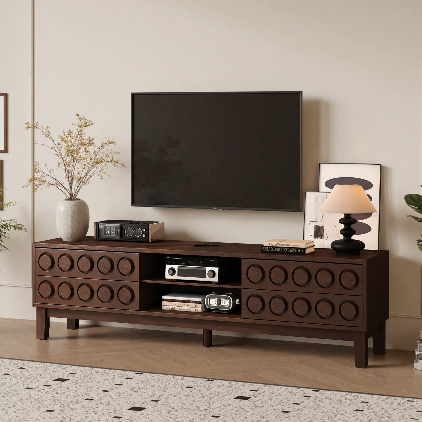 TV Stand for TVs up to 75', Media Console with 4 Drawers, Entertainment Center with Storage for Living Room and Bedroom(Dark Brown)