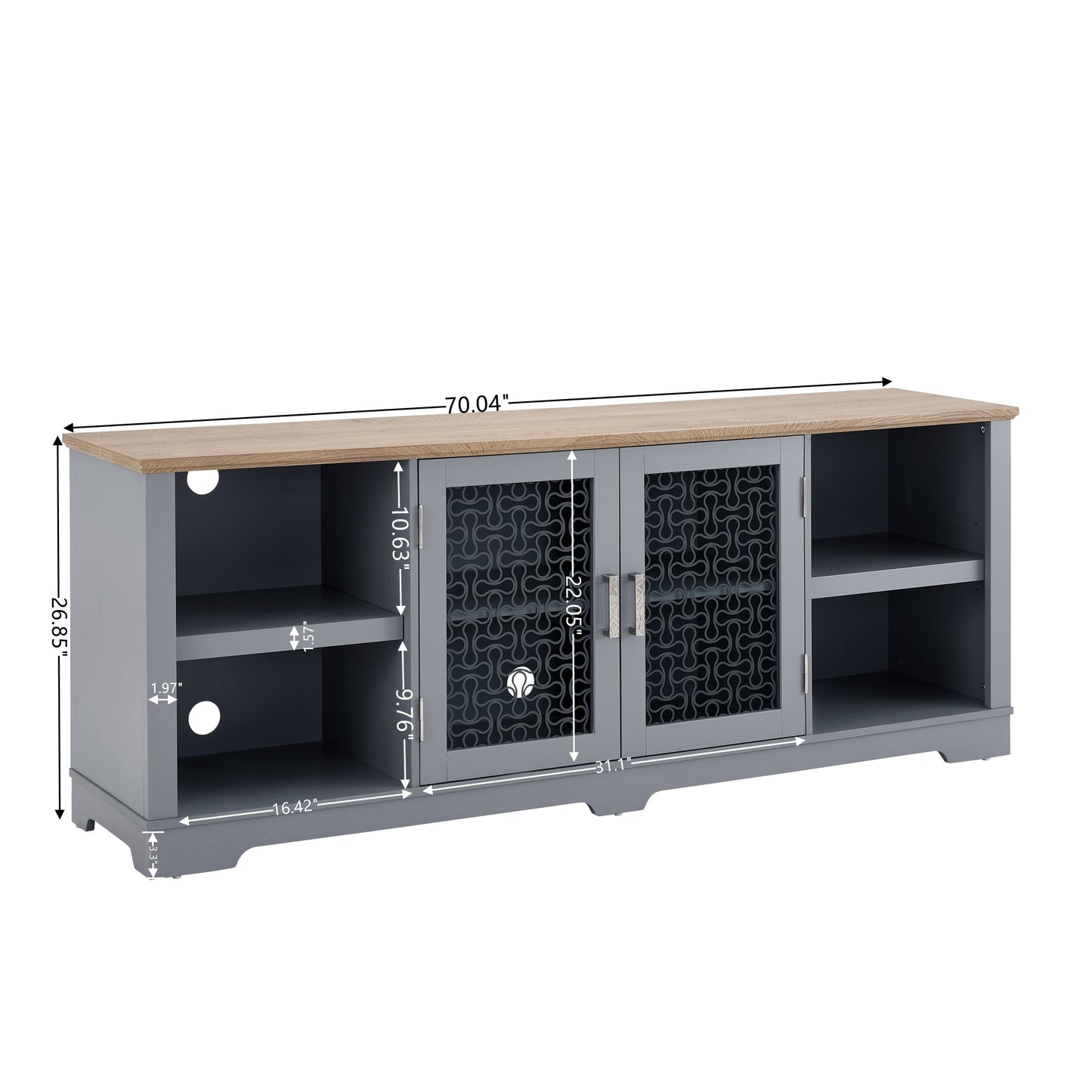 Modern Farmhouse TV Media Stand, Large Home Entertainment Console, for TV Up to 80'', with Open Shelves and Glass Door Cabinets, Light Blue and Light Oak, 70'W*15.55'D*26.85'H