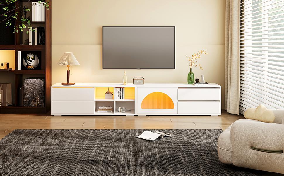 ON-TREND Modern TV Stand with Fluted Glass Door for TVs Up to 100', Media Console with Sliding Door & 2 Drawers, Free-Combination Entertainment Center with LED Light for Living Room, Bedroom, White