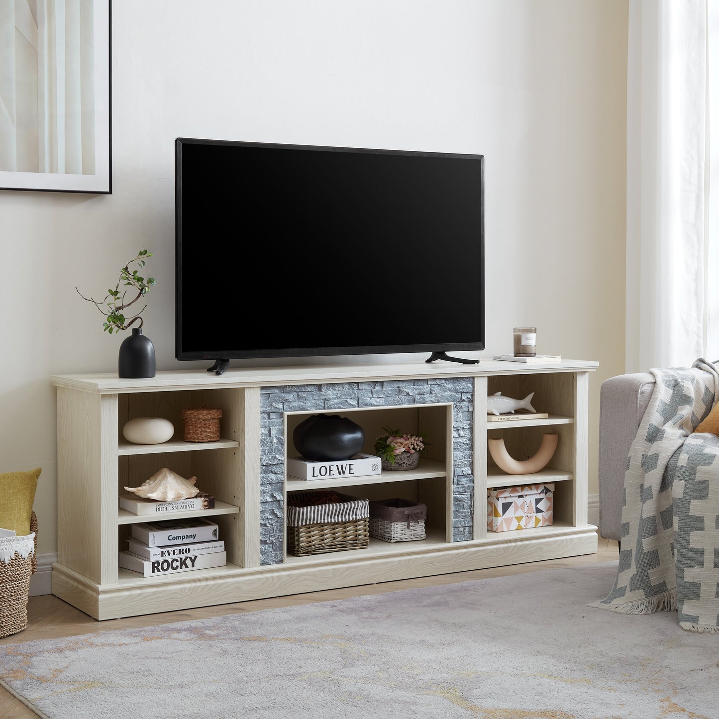Large TV Desk Storage Rack with Faux Stacked Stone Surround,Media Console Table with Large Storage Cabinet,Modern TV Media Entertaionment Stand,WHITE, 70.12'W*15.35'D*25.83'H