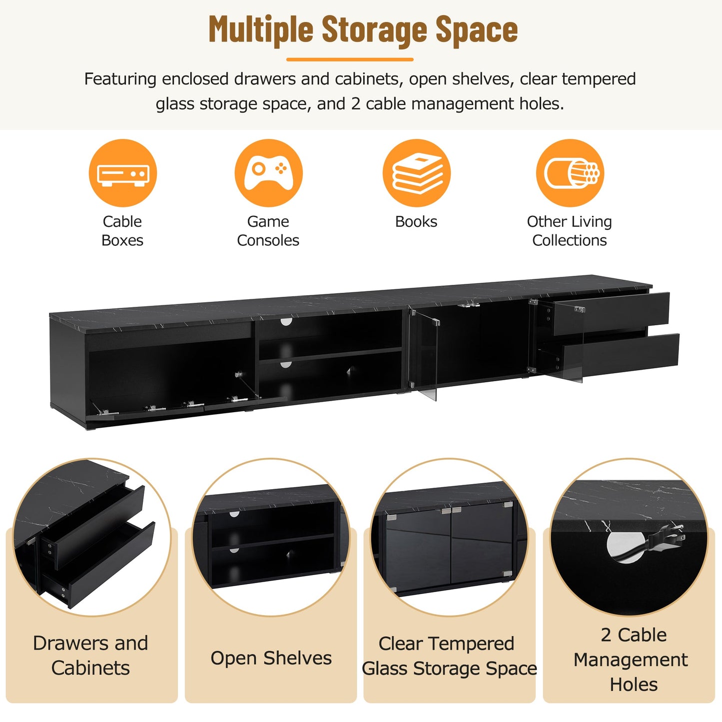 ON-TREND Modern APP Controlled LED TV Stand for TVs Up to 105'', Faux Marble Tabletop Media Console with Tempered Glass Doors, Entertainment Center with 2 Drawers & Cabinets for Living Room, Black