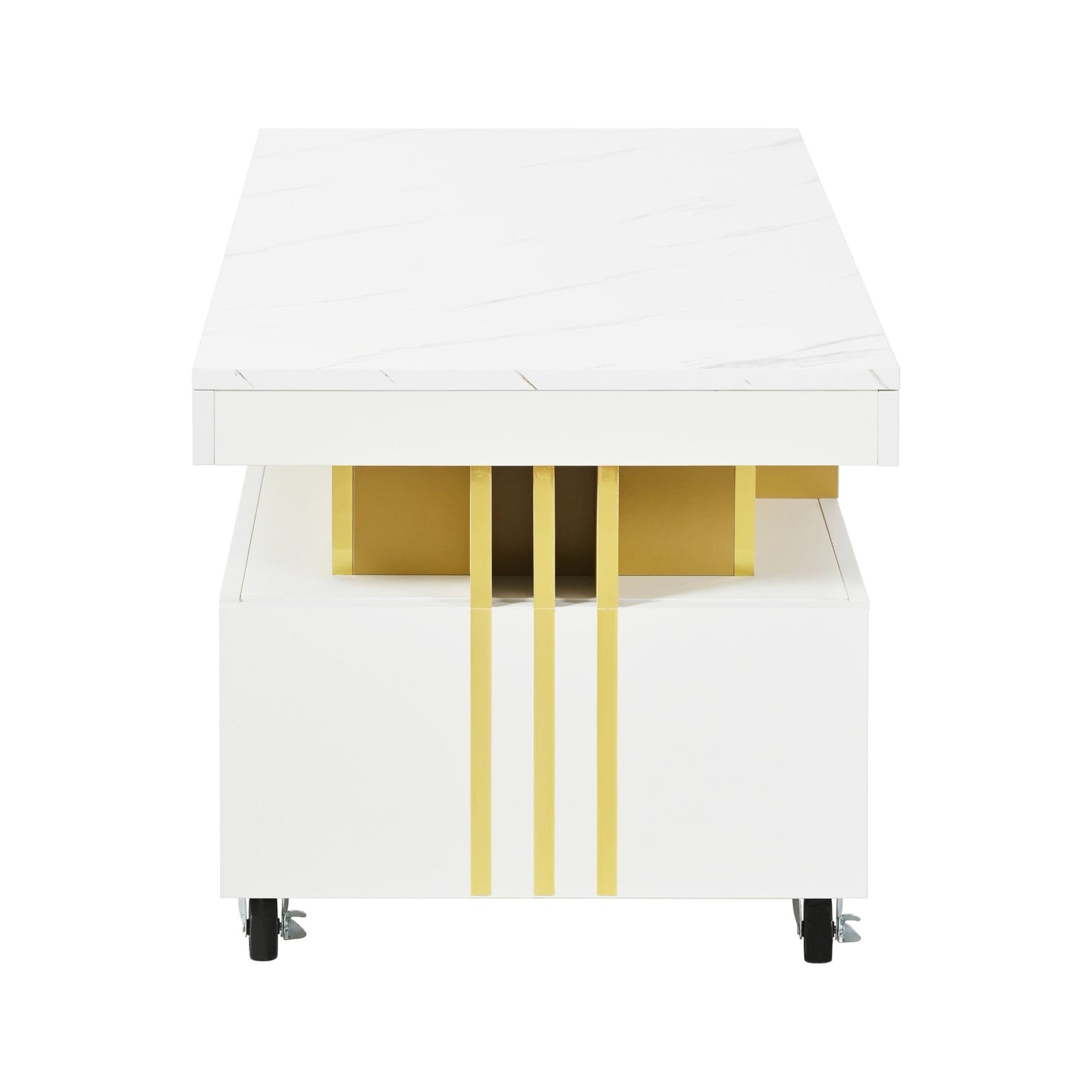 ON-TREND Contemporary Coffee Table with Faux Marble Top, Rectangle Cocktail Table with Caster Wheels, Moderate Luxury Center Table with Gold Metal Bars for Living Room, White