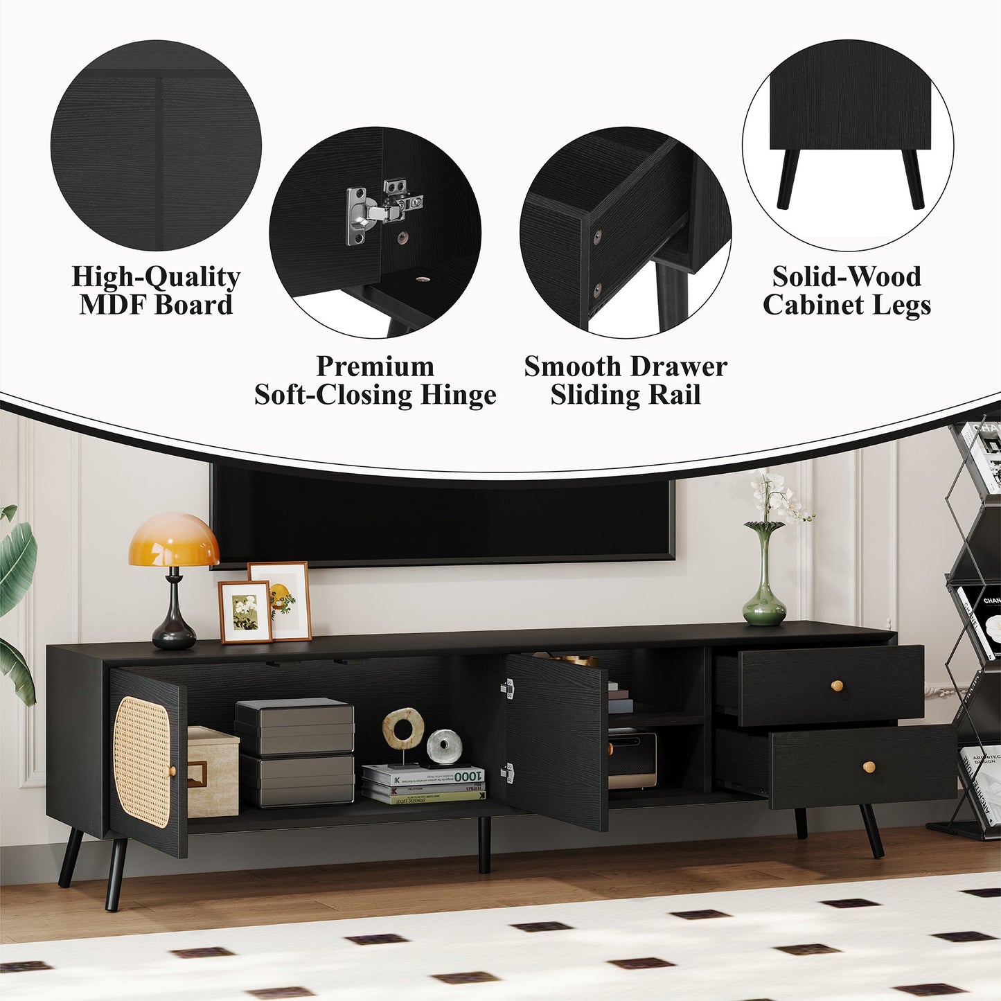 70' TV Stand for TVs up to 80 Inches, Mid Century Modern Entertainment Center with Rattan Doors, 2 Drawers, and Open Shelf, Television Stand for Living Room