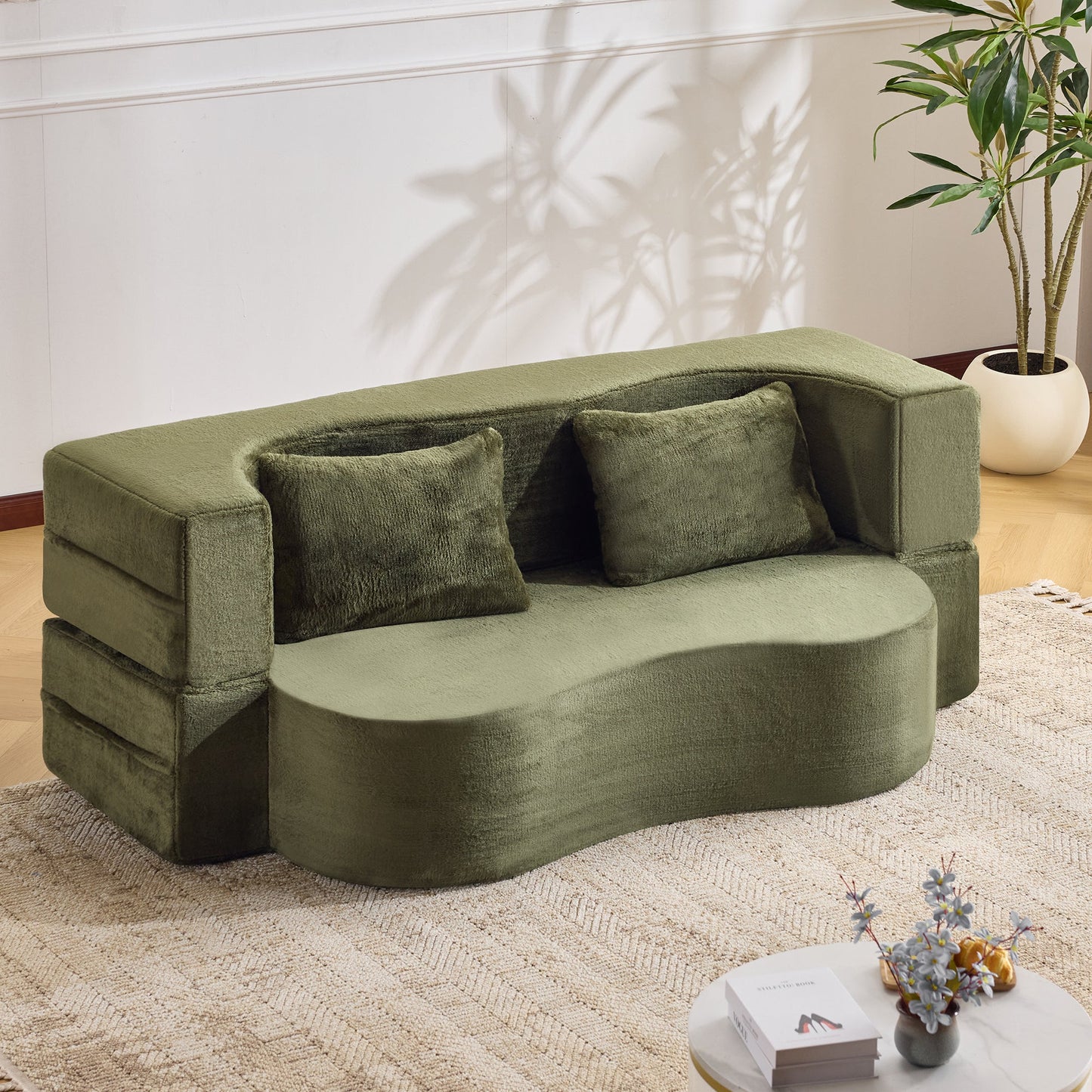 71-inch folding sofa bed, plush futon sofa bed, high-density foam convertible sofa bed, folding floor sofa bed for living room, guest room, bedroom, green
