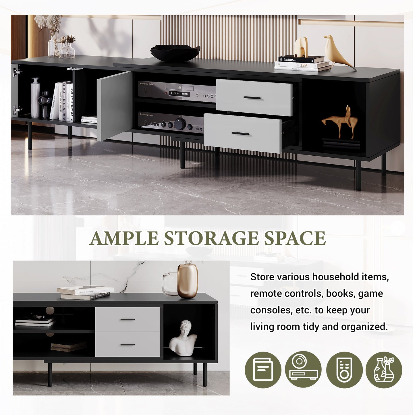 Modern TV Stand for 80'' TV with 2 Doors, Media Console Table, Entertainment Center with Large Storage Cabinet for Living Room, Bedroom