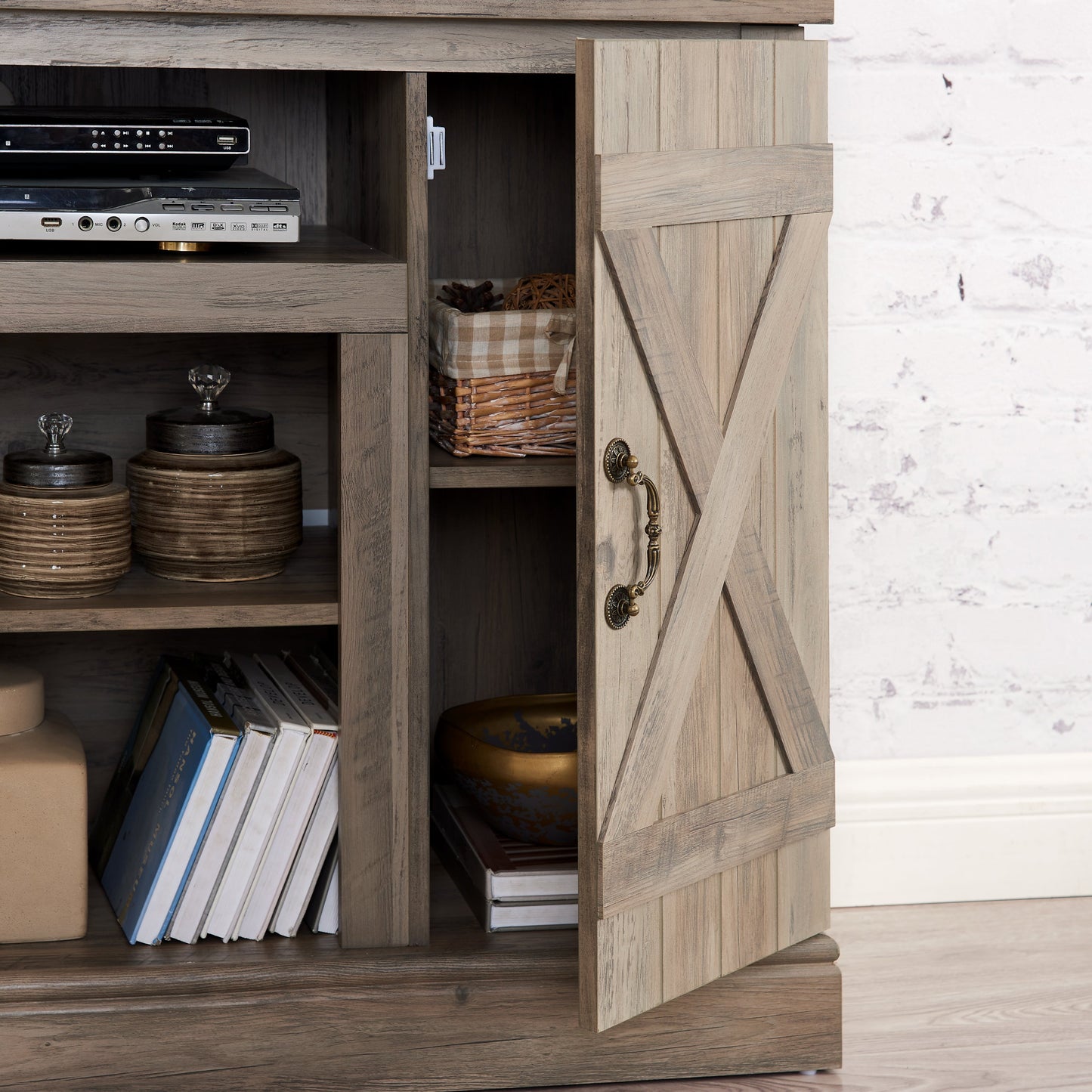 Farmhouse Classic Media TV Stand Antique Entertainment Console for TV up to 50' with Open and Closed Storage Space, Gray Wash, 47'W*15.5'D*30.75'H