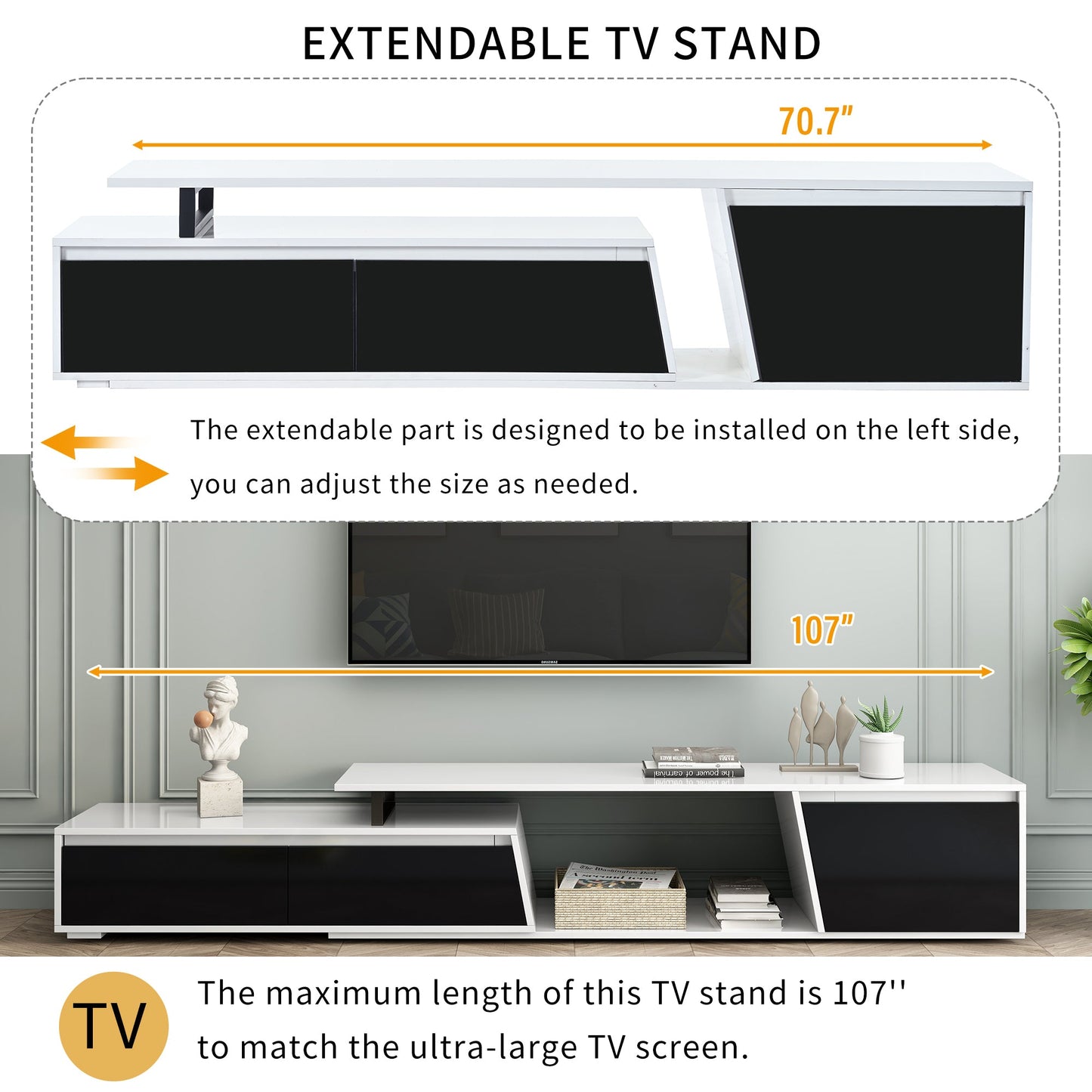 U-Can Modern, Minimalist Rectangle Extendable TV Stand, TV Cabinet with 2 Drawers and 1 Cabinet for Living Room, Up to 100''