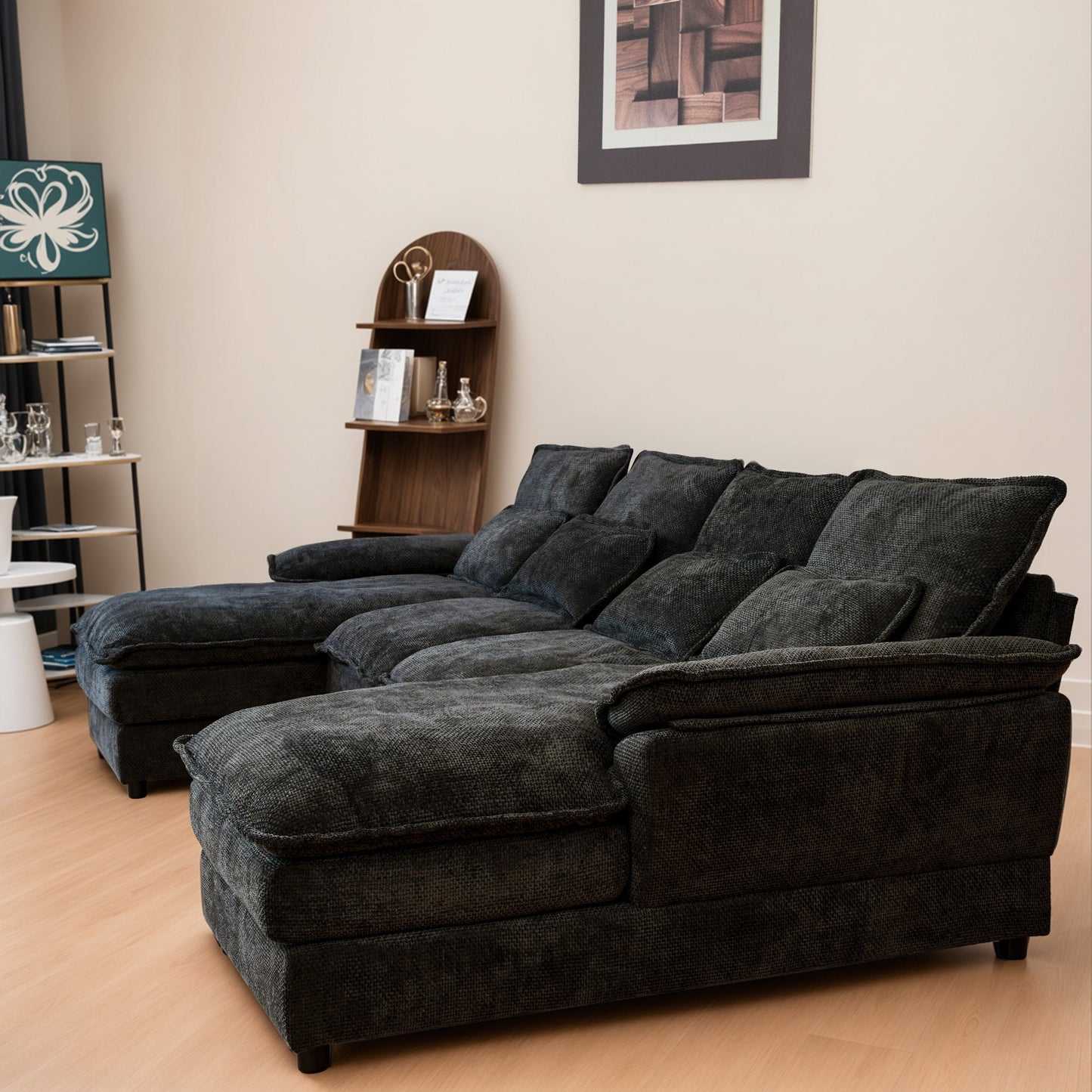 110' Modular Sectional Sofa Cloud Couch with Double Chaise Lounge , U Shaped Chenille Upholstered Leisure Sofa&Couches with Memory Foam and Waist Pillows for Living Room Office,Black.