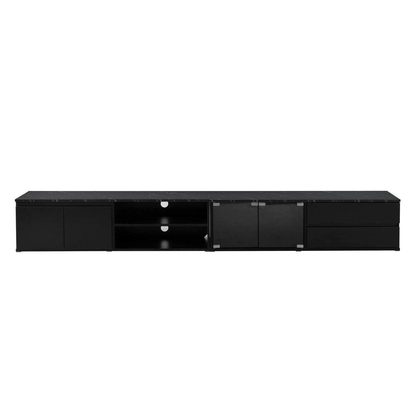 ON-TREND Modern APP Controlled LED TV Stand for TVs Up to 105'', Faux Marble Tabletop Media Console with Tempered Glass Doors, Entertainment Center with 2 Drawers & Cabinets for Living Room, Black