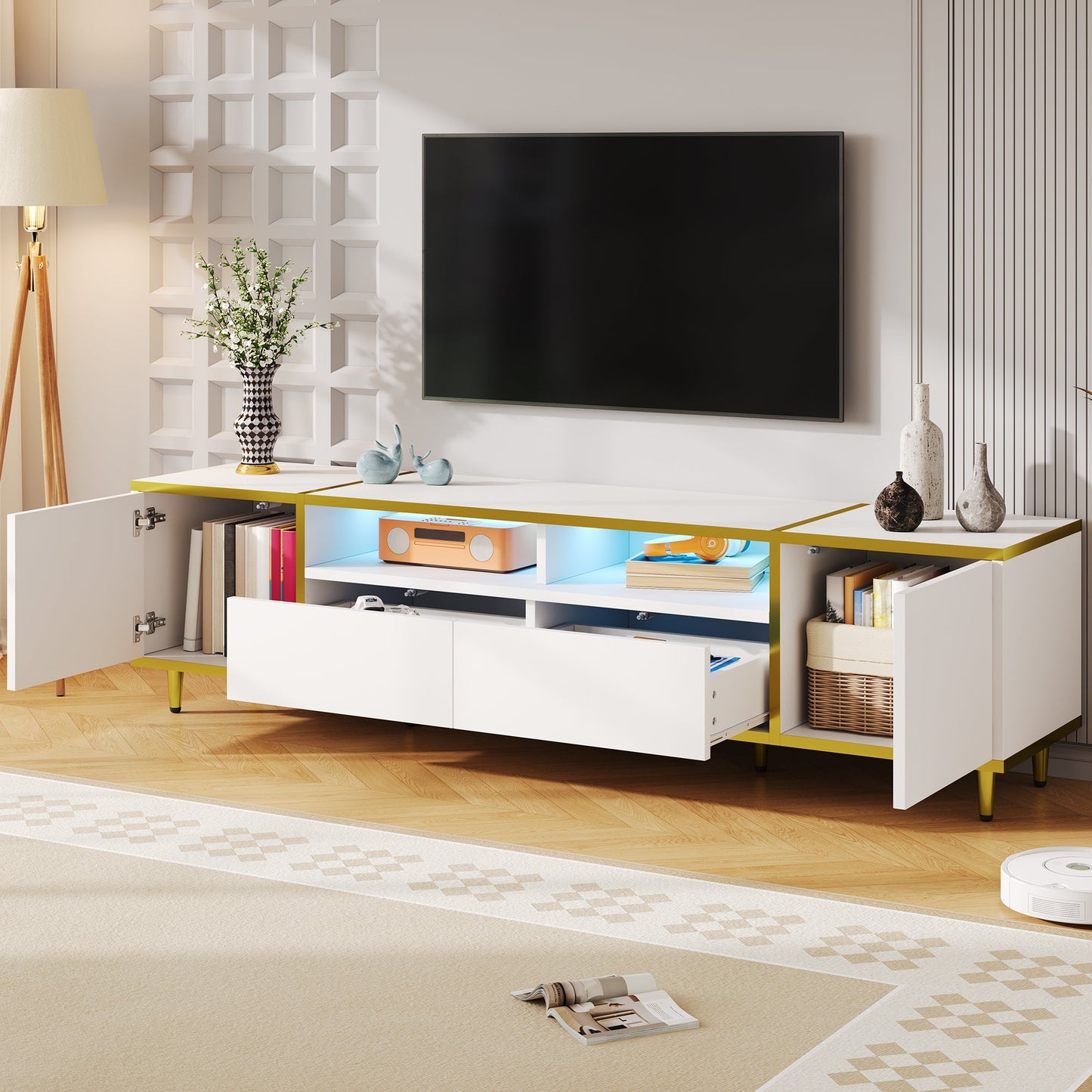 U-Can 70.9'' Modern TV Stand for TVs up to 80 Inches, Entertainment Center with 2 Shelves and LED Lights, TV Storage Cabinet with 2 Drawers, 2 Cabinets and Metal Legs for Living room